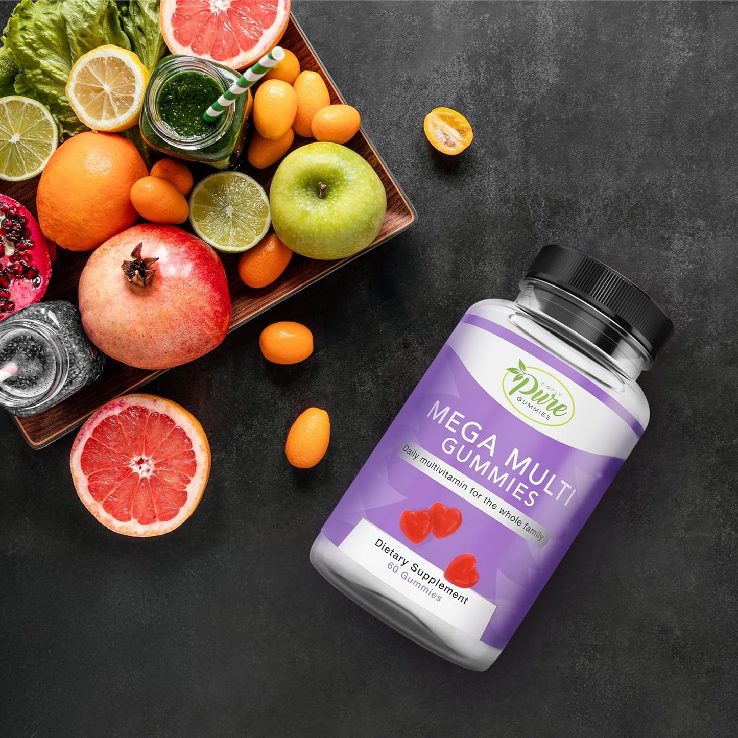 Pure By Nature Mega Multi Gummies - Natural Flavored Multi Vitamin Gummies for Women & Men - Dietary Supplement - Multivitamin with Vitamins A, D2, C, E, K, Biotin, Folic Acid - 60 Count - Espot.com.au
