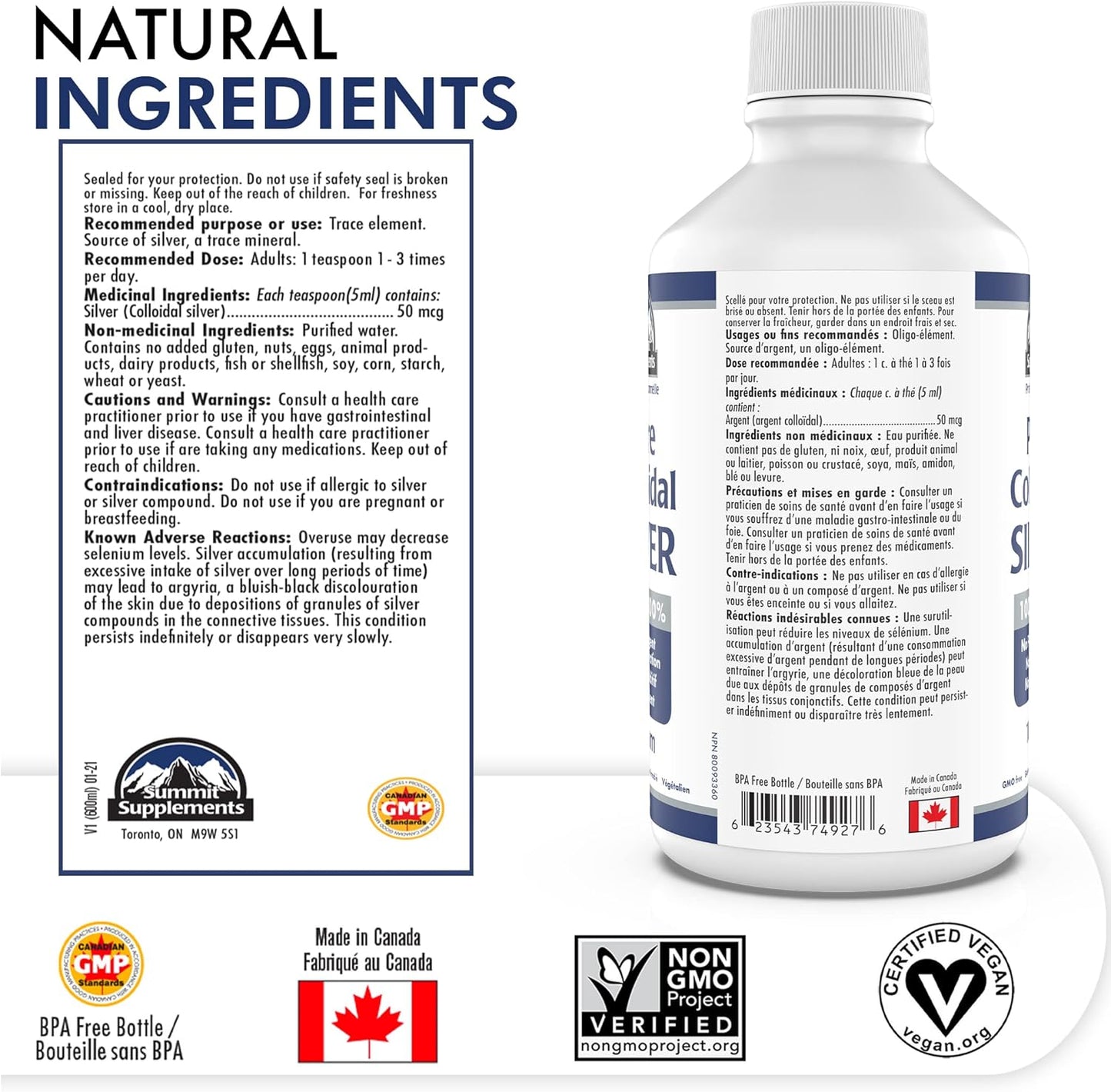 Colloidal Silver Liquid Minerals 10ppm 600ml - Trace Minerals Supplement - Copper & Silver Liquid - Canadian Made Formula - Espot.com.au