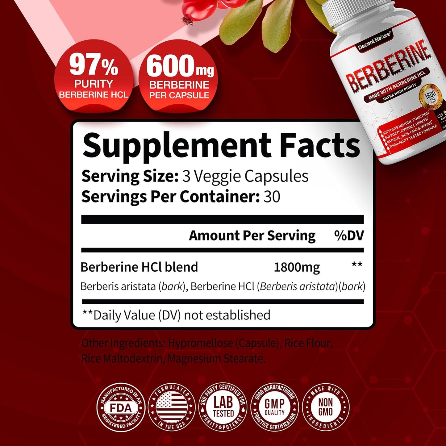 High Potency Berberine HCl Supplement - 1800mg Berberine Plus for Immune Support - 97% Purity, Non-GMO, Vegan - 90 Capsules for Men and Women - Espot.com.au