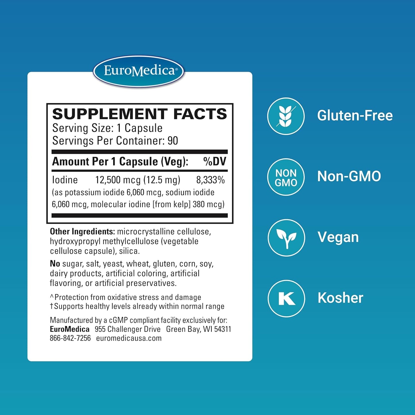 EuroMedica Tri-Iodine Capsules - Promotes Thyroid Health and Hormone Balance with Molecular Iodine from Kelp - Includes Potassium Iodide & Sodium Iodide for Brain and Energy Support - 12.5mg, 90 Count - Espot.com.au