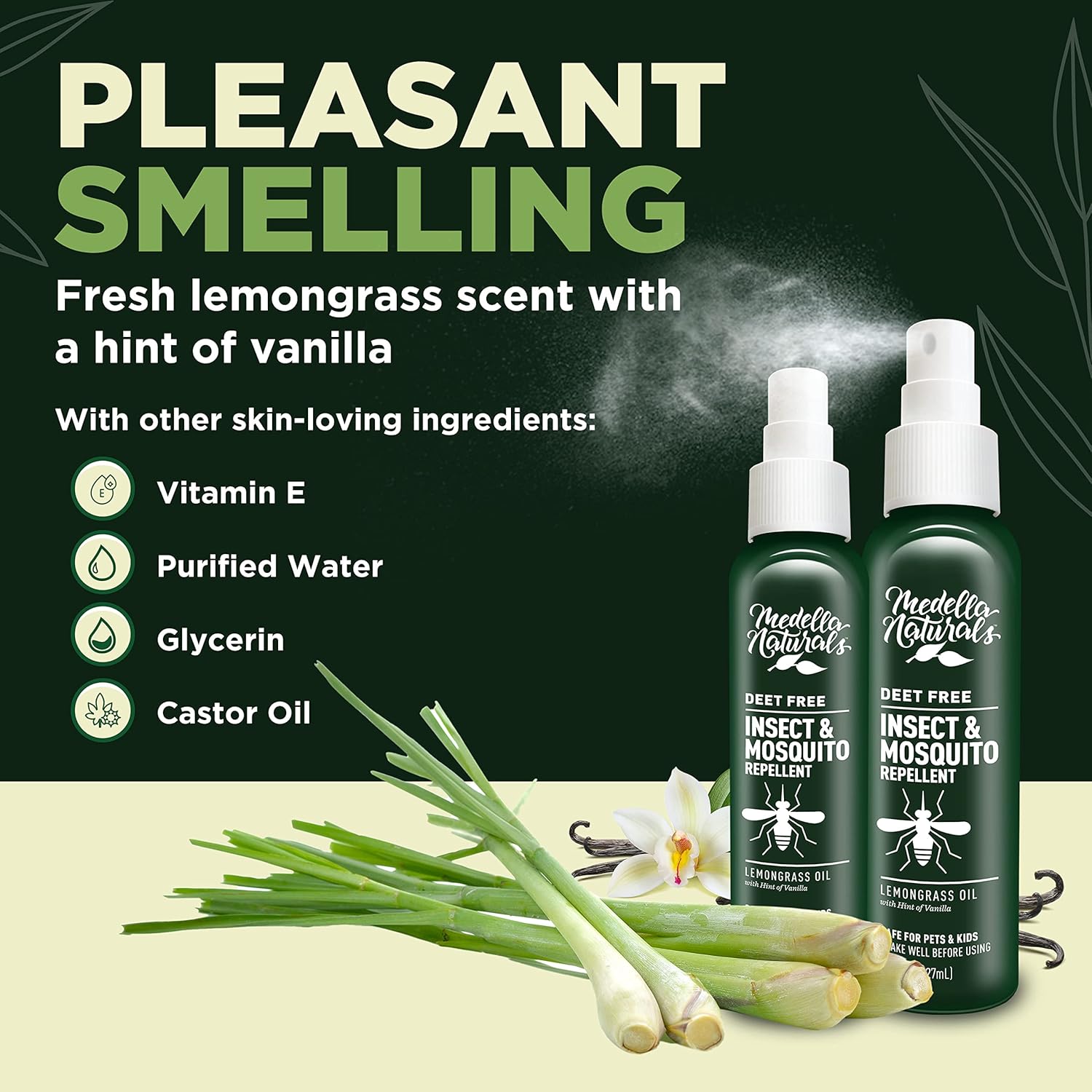Medella Naturals Deet-Free Insect Repellent Bundle (2-Pack, 8 oz) - Pleasant Lemongrass Scent, Safe for Pets & Kids - Effective Bug Spray for Mosquitoes, Gnats, Black Flies, No-See-ums - Espot.com.au