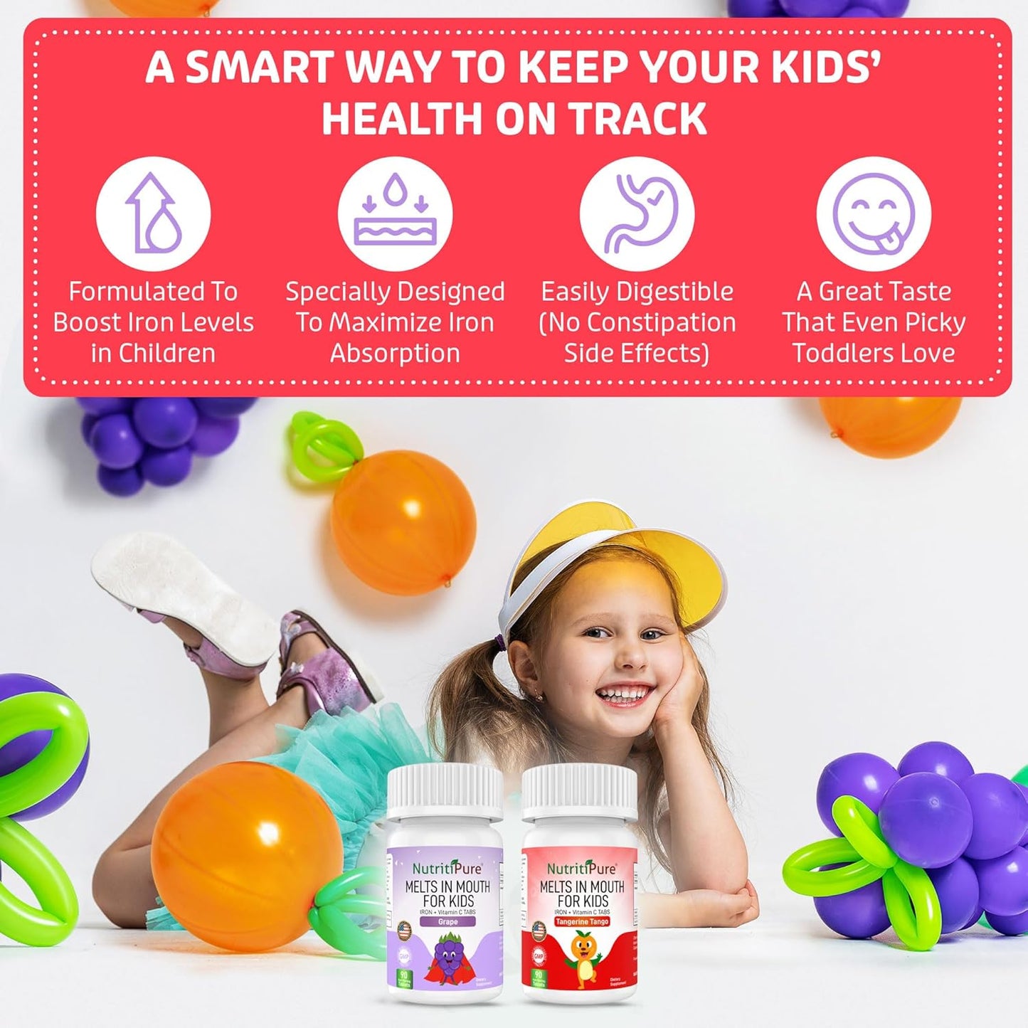 Delicious Grape Flavored NutritiPure Chewable Iron Supplements for Kids - 90 Count Bottle with Ferronyl®/Carbonyl Iron 9mg and Vitamin C 30mg - Espot.com.au