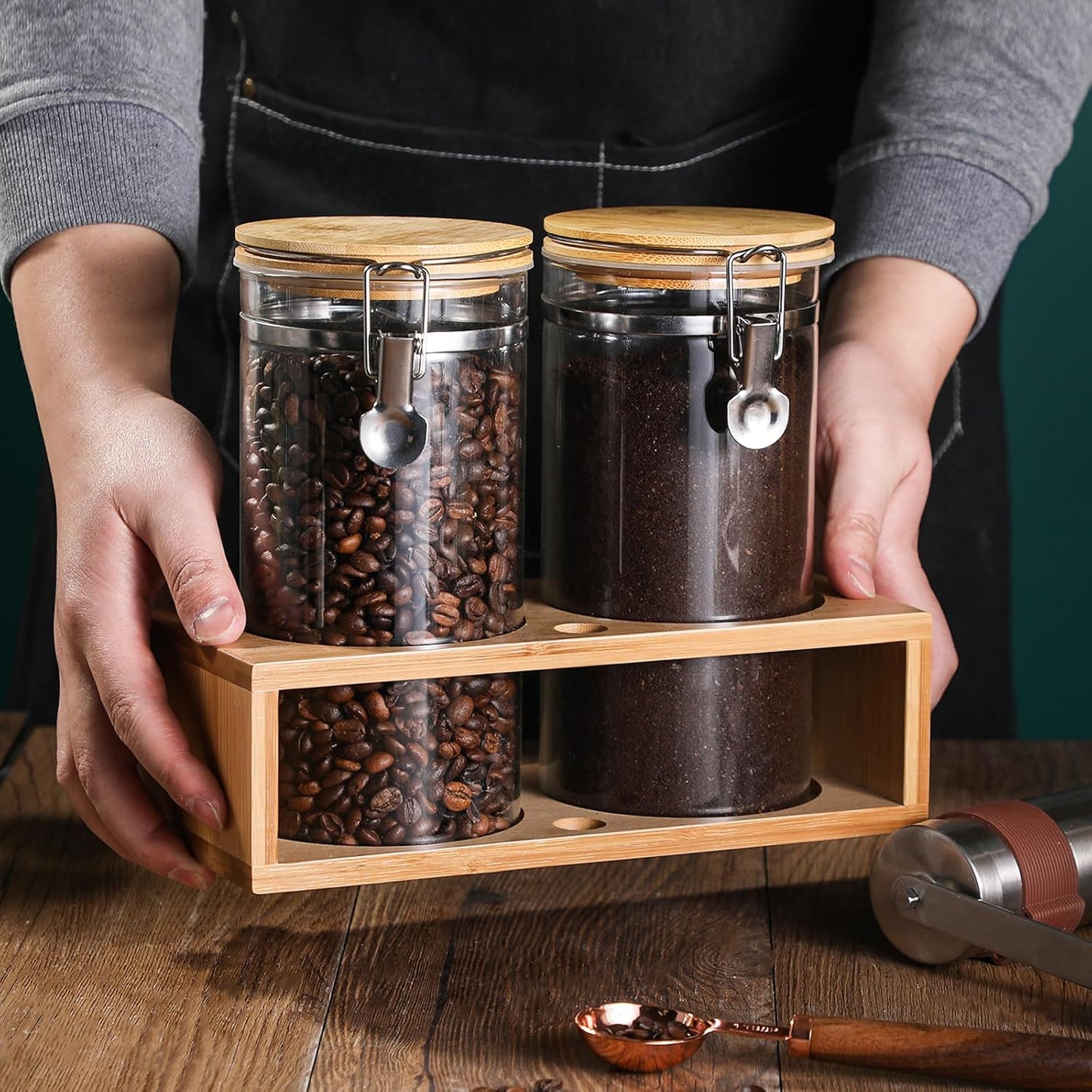 2pcs-49oz-glass-coffee-storage-container-set-with-bamboo-shelf---airtight-sealed-coffee-bean-jars-with-clamp-lid-measuring-spoon---kitchen-pantry-canisters-for-ground-coffee-sugar-tea-flour-7