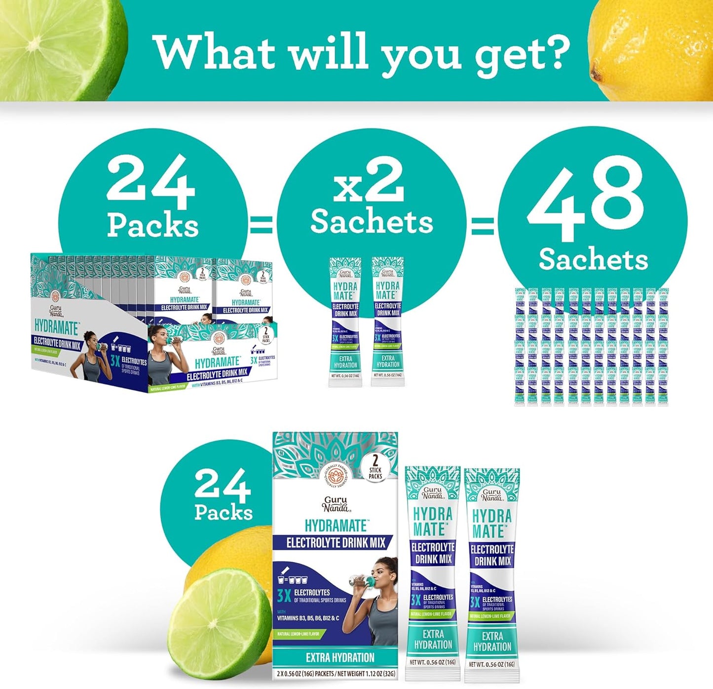 Hydramate Electrolyte Powder Packets for Hydration & Energy Support - Natural Lemon Lime Flavor - 48 Count - No Added Sweeteners - Non-GMO - 0.56 oz Each - Espot.com.au