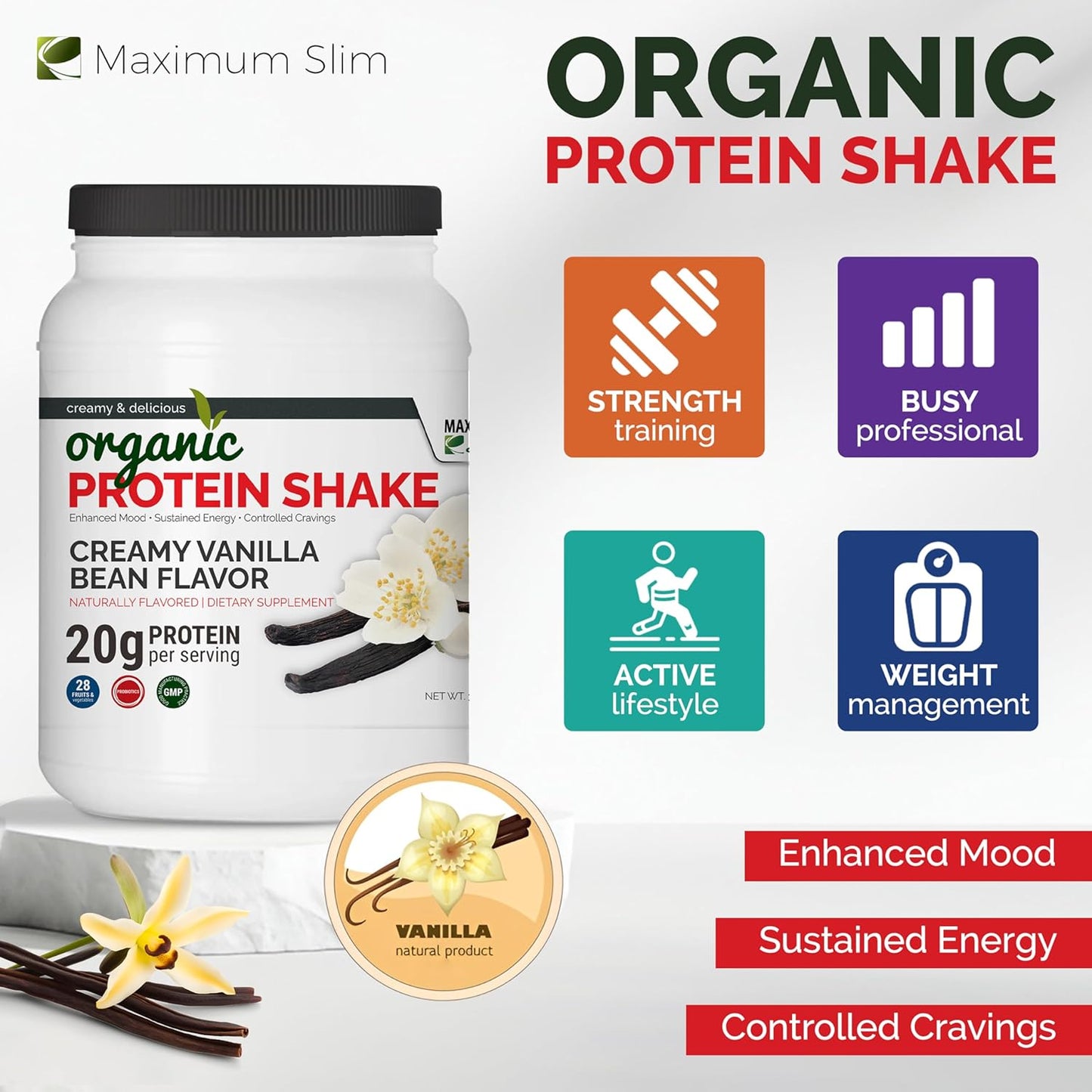Organic Creamy Vanilla Bean Protein Shake by Maximum Slim - Delicious and Nutritious Option for Weight Management and Muscle Recovery - Espot.com.au