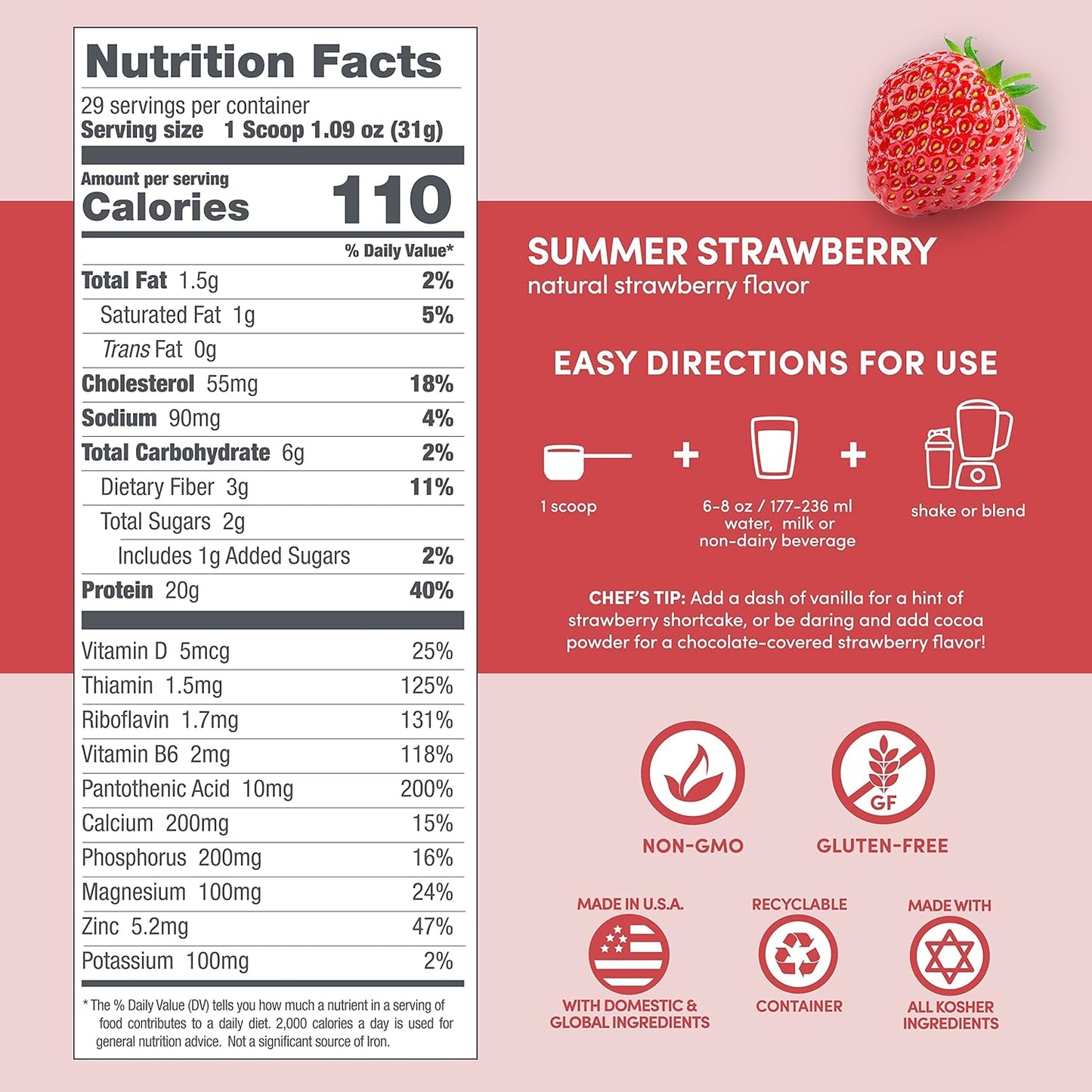 Natural Designer Whey Protein Powder with Probiotics, Fiber, and B-Vitamins - Gluten-Free Summer Strawberry Flavor - 2 lb Jar - Espot.com.au