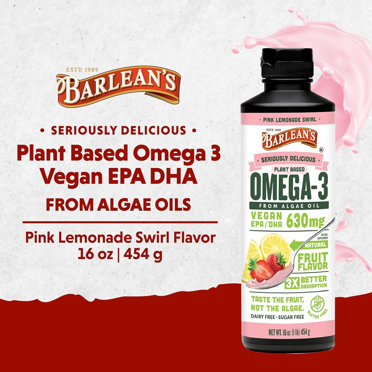 Barlean's Pink Lemonade Liquid Algae Oil Omega 3 Supplement - 630 mg EPA & DHA, Plant Based Omegas, Non-GMO & Gluten Free - 16 oz - Espot.com.au