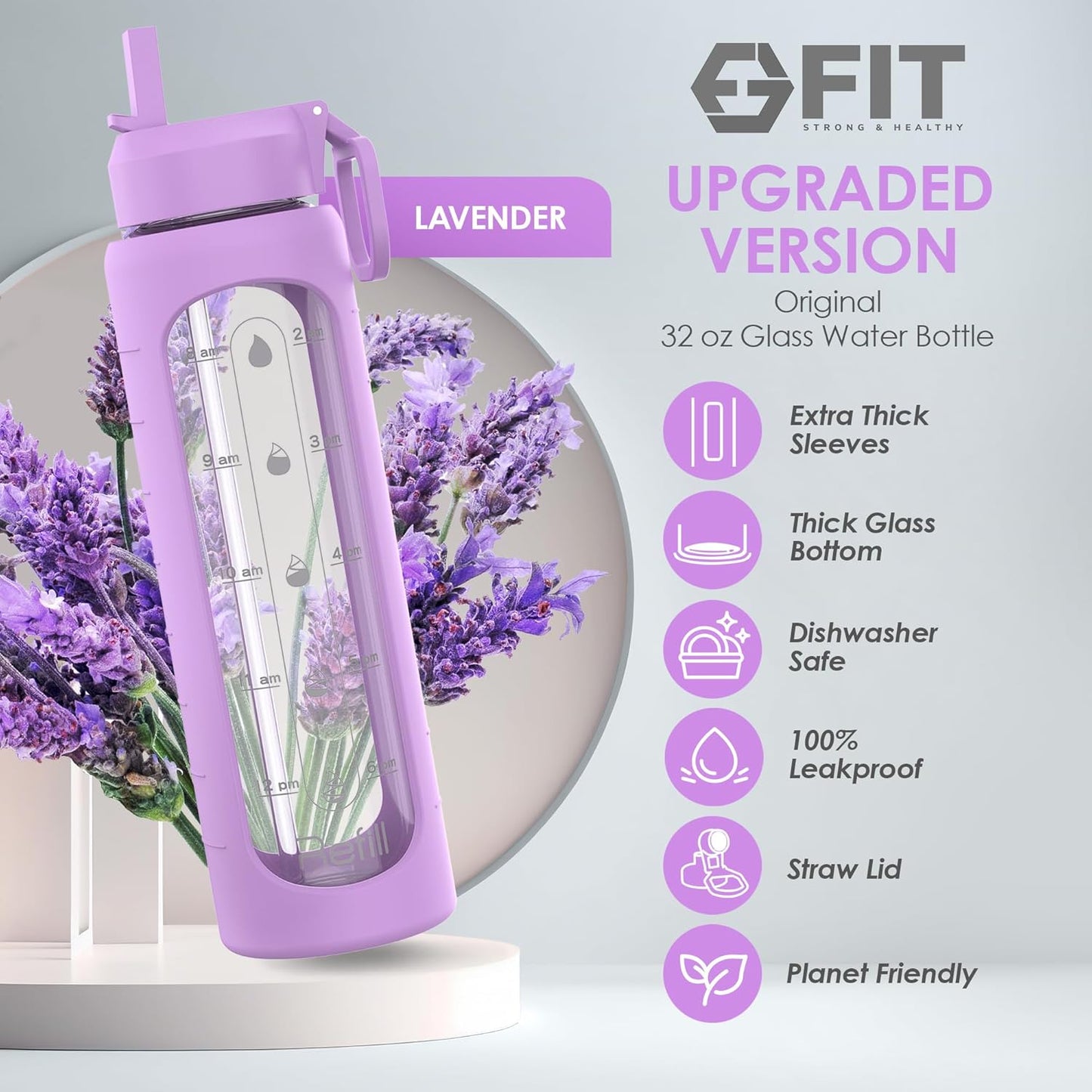 fit-strong-healthy-glass-meal-prep-containers-with-lavender-lids-4-pack-32-oz-and-water-bottle-bundle---2-3-compartment-straw-lid-time-marker-sleeve-5