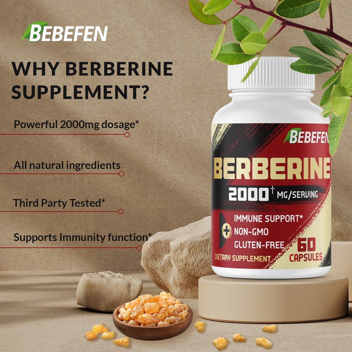 BEBEFEN Berberine HCL Supplement 2000mg - Boosts Immunity & Heart Health - Non GMO, Gluten Free - Supports Cardiovascular System - Espot.com.au