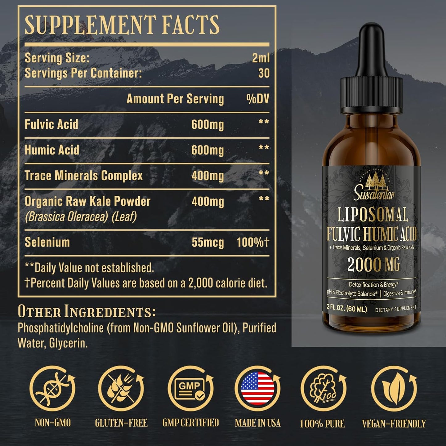 Liquid Liposomal Fulvic Humic Acid Drops 2000 MG | Trace Minerals Electrolyte Supplement | 72+ Minerals | Hydration, Detox, Energy | pH Balance, Digestion, Immunity | 4 Oz Bottle - Espot.com.au