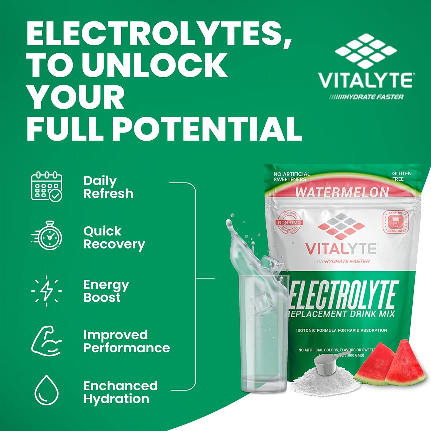 Hydrating Watermelon Electrolyte Powder Mix, Gluten-Free Post-Workout Drink, Isotonic Hydration Powder, 35 oz. Pack - Espot.com.au