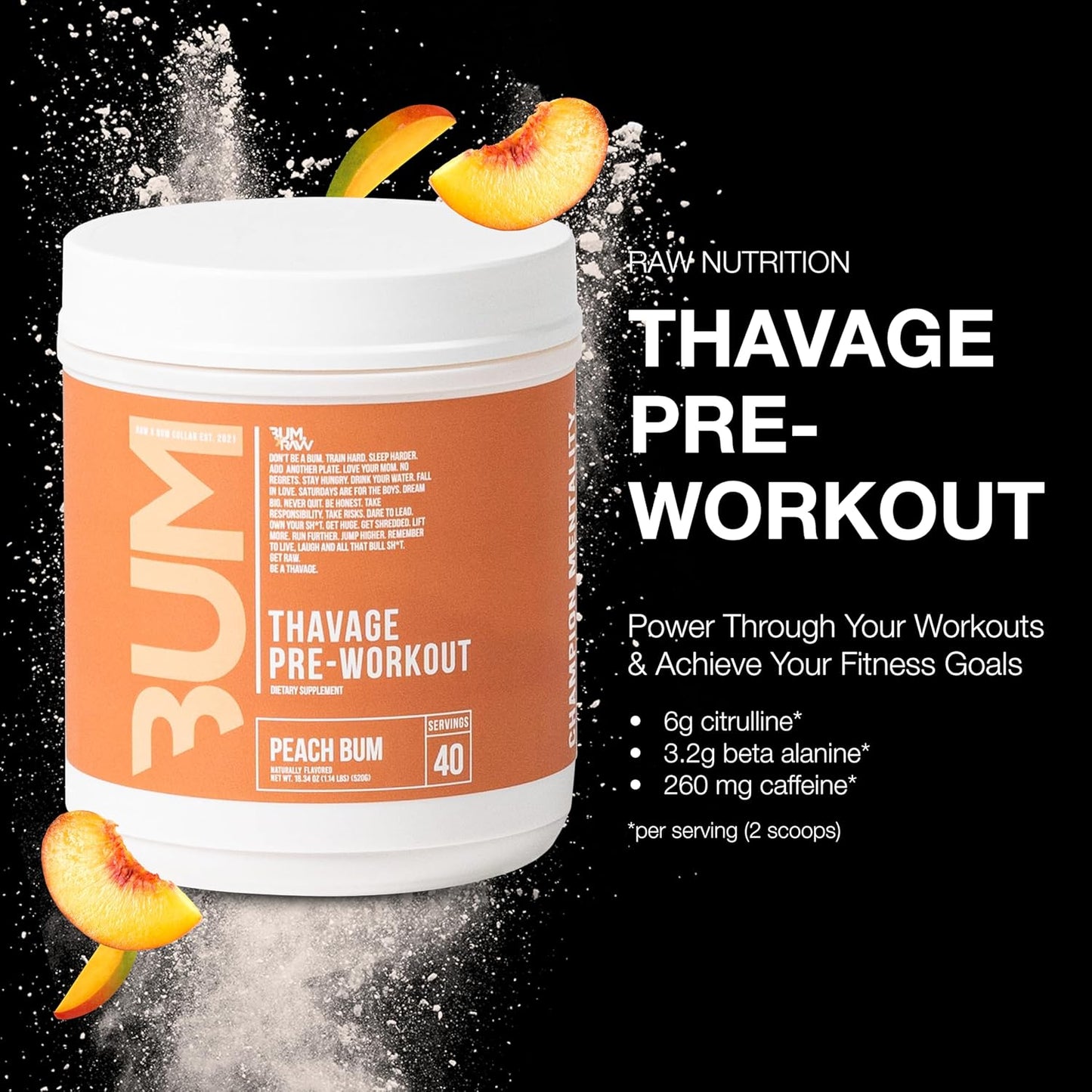 Thavage Pre Workout - Peach Bum Chris Bumstead Formula for Men & Women, Sports Nutrition Energy Powder 40 Servings, 17.6 oz - Espot.com.au
