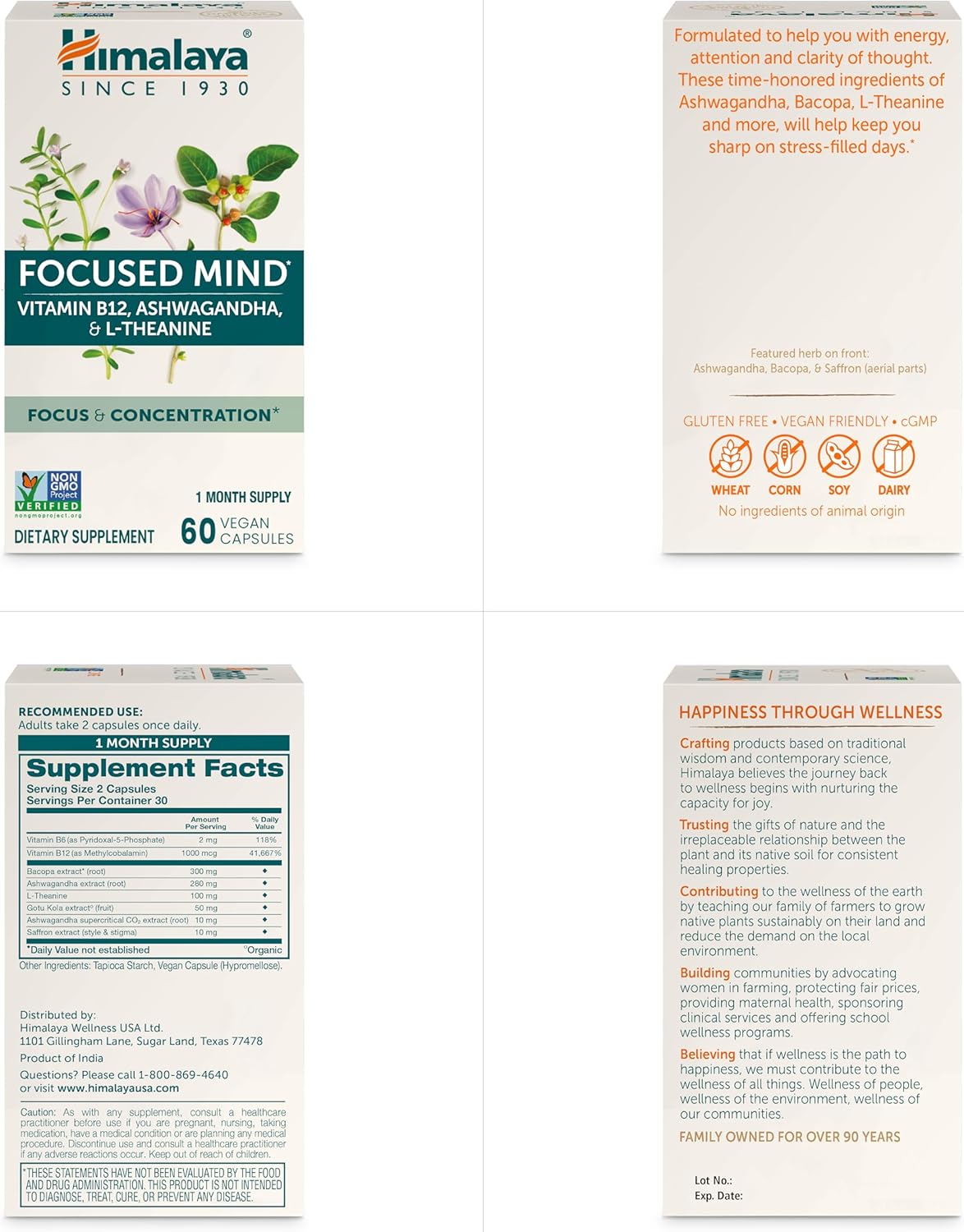 Himalaya Focused Mind Capsules with Ashwagandha & Bacopa - Energy & Focus Support - 60 Vegan Capsules, Gluten Free - 1 Month Supply - Espot.com.au
