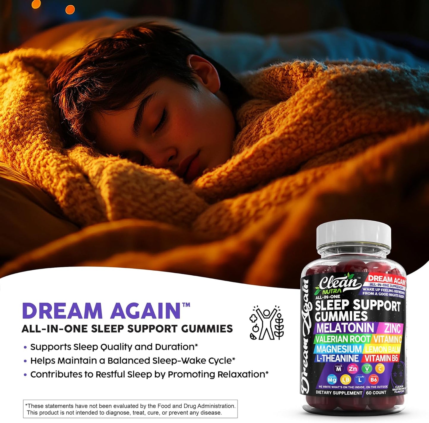 Clean Nutra Dream Again Sleep Aid Gummies with Melatonin, Valerian Root, L-Theanine, Vitamin B6, Lemon Balm, and More - Raspberry Flavored Rest Support Supplement - Espot.com.au