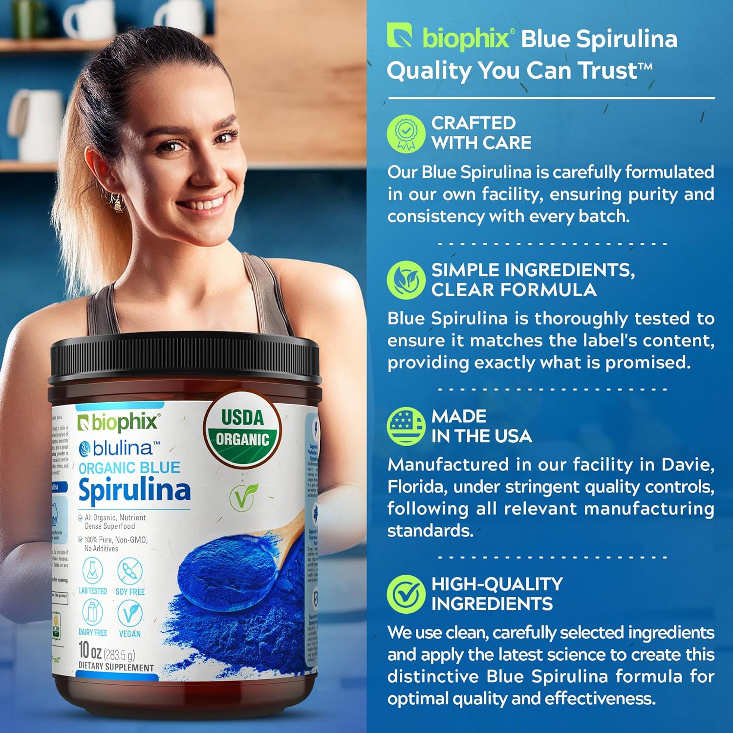 Organic Blue Spirulina Powder - 10 oz - 283 Servings of Superfood Supplement - Natural Blue Pigment - Pure Organic Blue Algae Powder - Espot.com.au