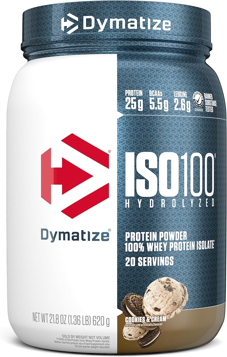 Dymatize ISO100 Hydrolyzed Protein Powder - Cookies and Cream Flavor, 100% Whey Isolate Protein with 25g Protein and 5.5g BCAAs, Gluten-Free, Fast Absorbing, Easy to Digest - 20 Servings - Espot.com.au