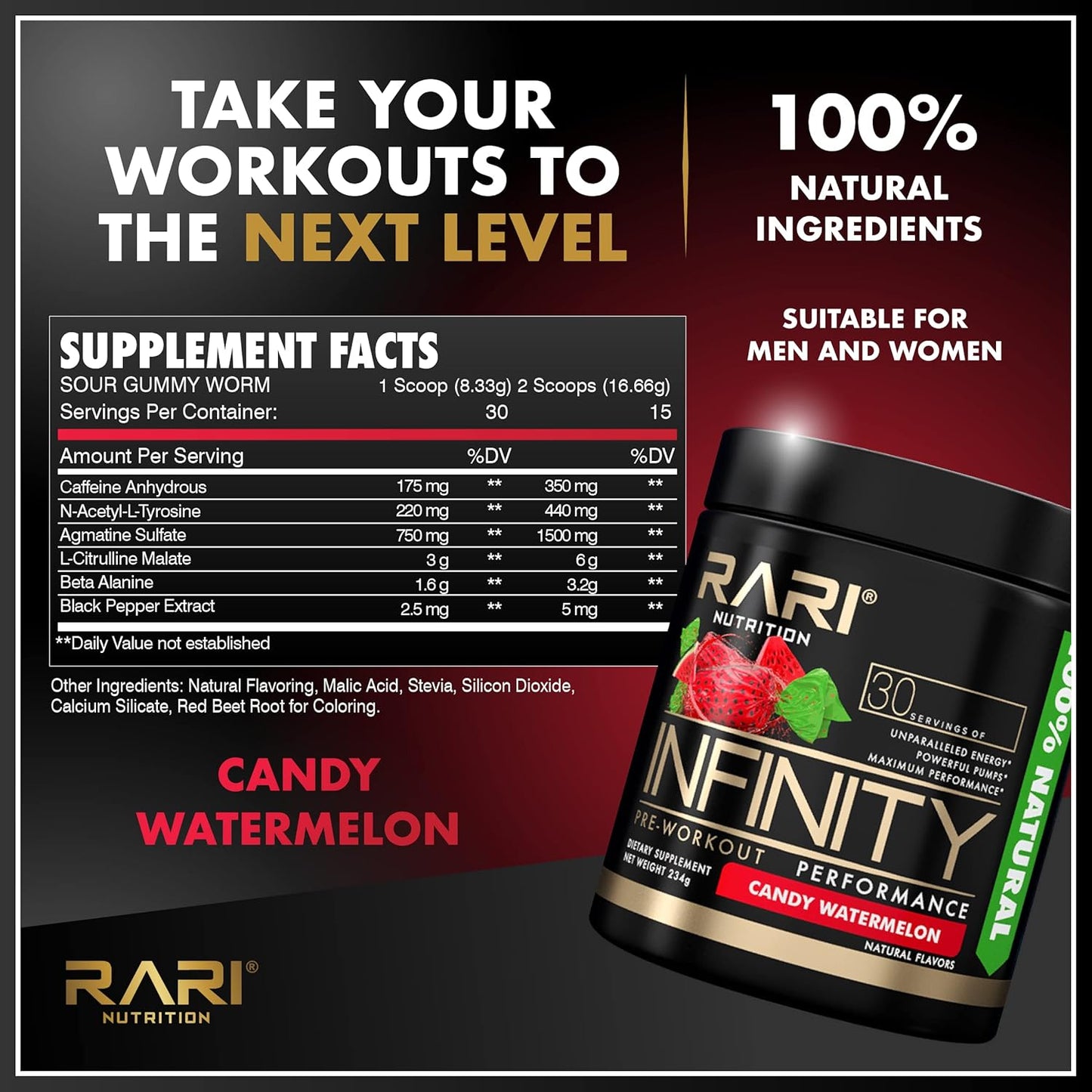 RARI Nutrition Infinity Pre Workout Performance Powder - 30 Servings, High-Performance Energy Drink for Women and Men - Candy Watermelon Flavor - Espot.com.au