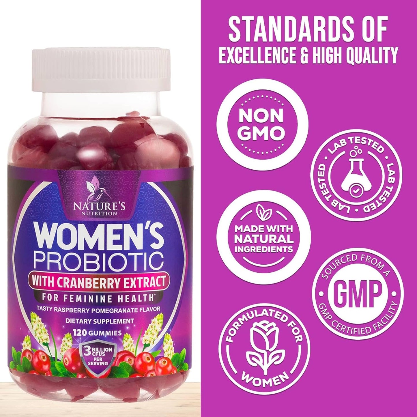 Women's Probiotic Gummies with 6 Strains, Cranberry & 3 Billion CFU - Digestive, Vaginal & Immune Support - Non-GMO - 120 Gummies - Espot.com.au