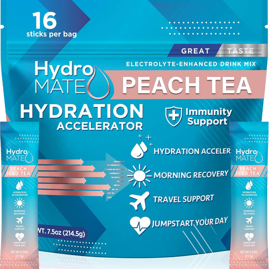hydromate-electrolytes-powder-peach-tea---16-count-instant-hydration-packets-with-vitamin-c---low-sugar-fast-party-recovery-packets-1