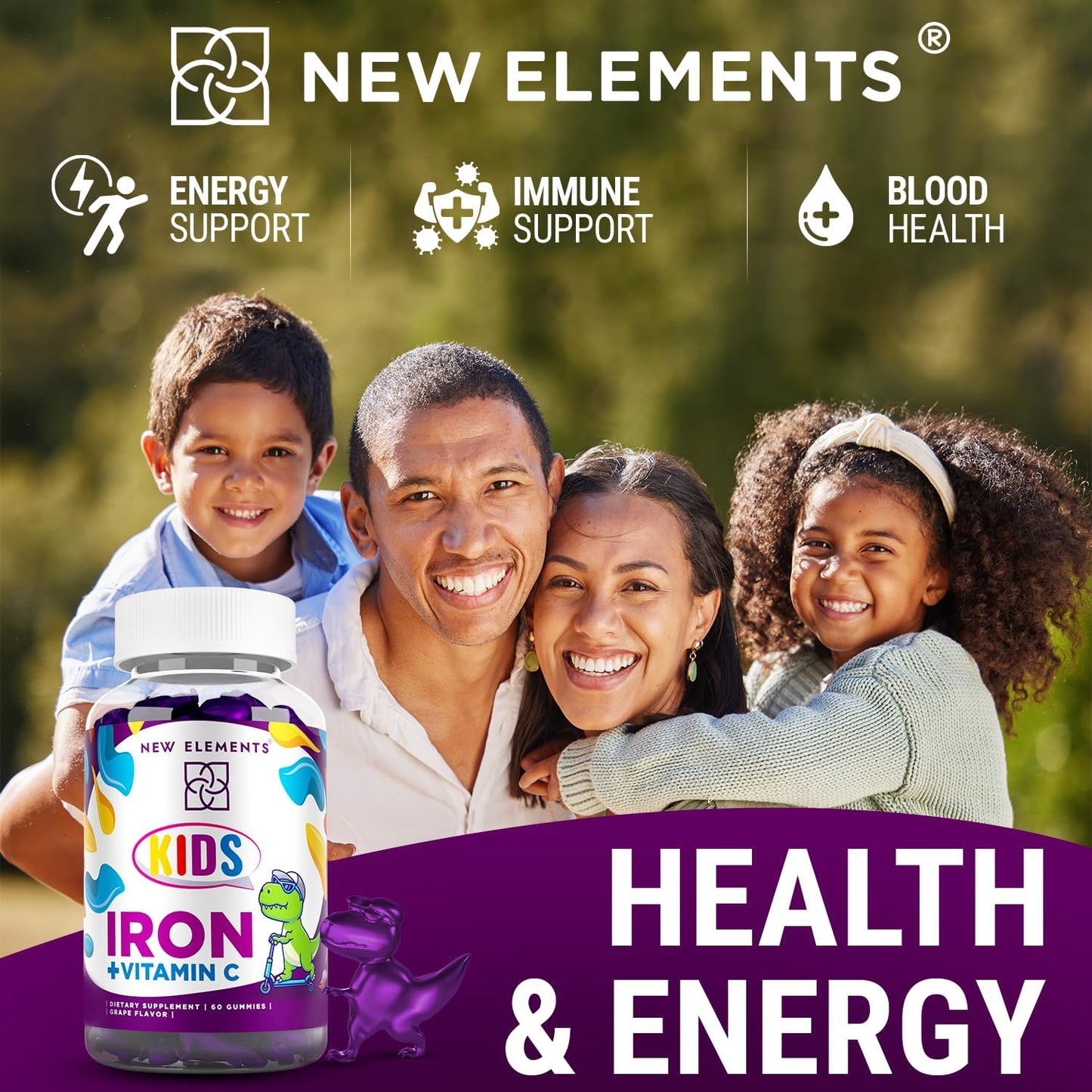 Iron Gummies for Kids with Vitamin C - Sugar Free, Enhanced Energy & Blood Health Support - Anemia Relief - Gluten-Free, Non-GMO, Vegan - Natural Grape Flavor - Crafted with Pectin for Optimal Health - Espot.com.au