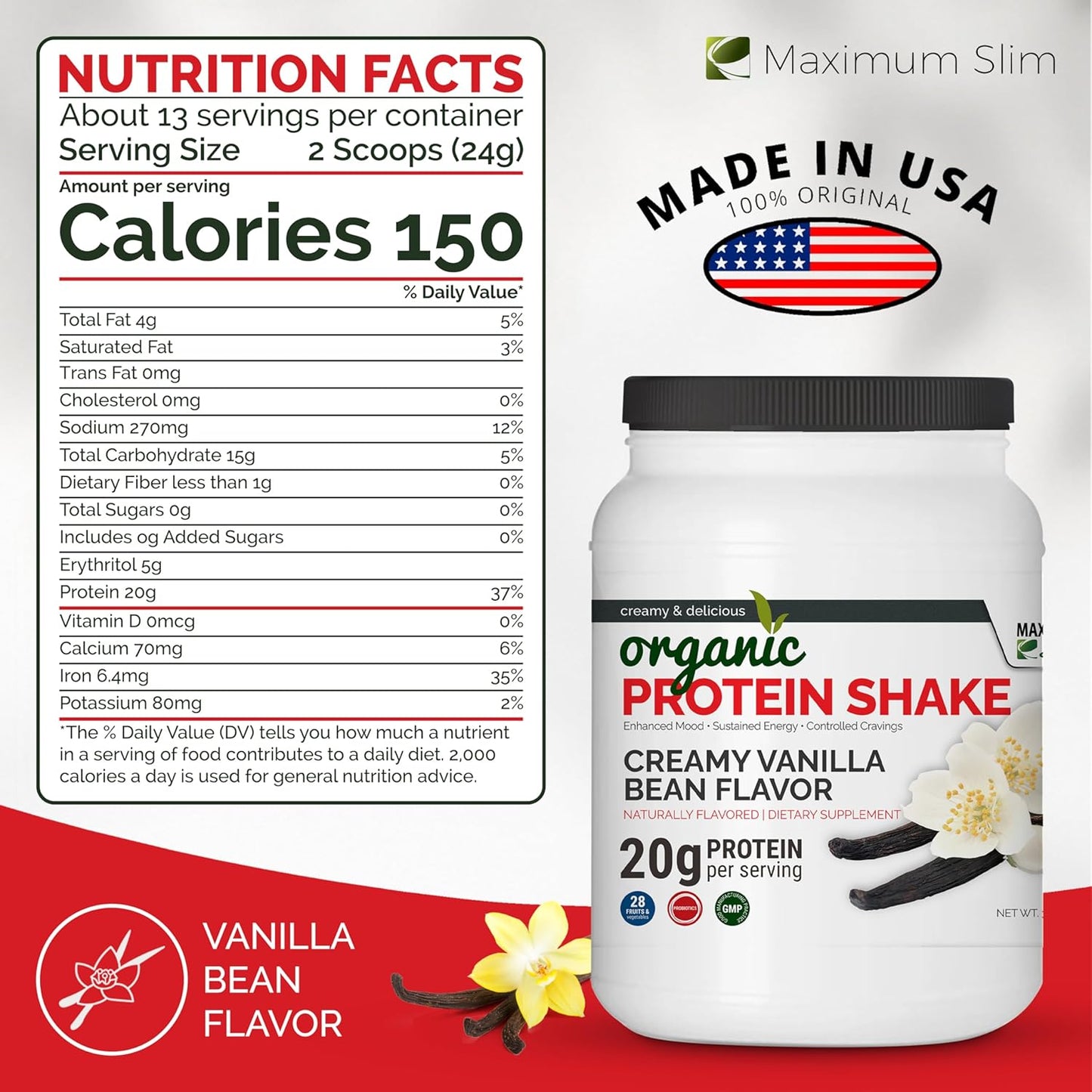 Organic Creamy Vanilla Bean Protein Shake by Maximum Slim - Delicious and Nutritious Option for Weight Management and Muscle Recovery - Espot.com.au