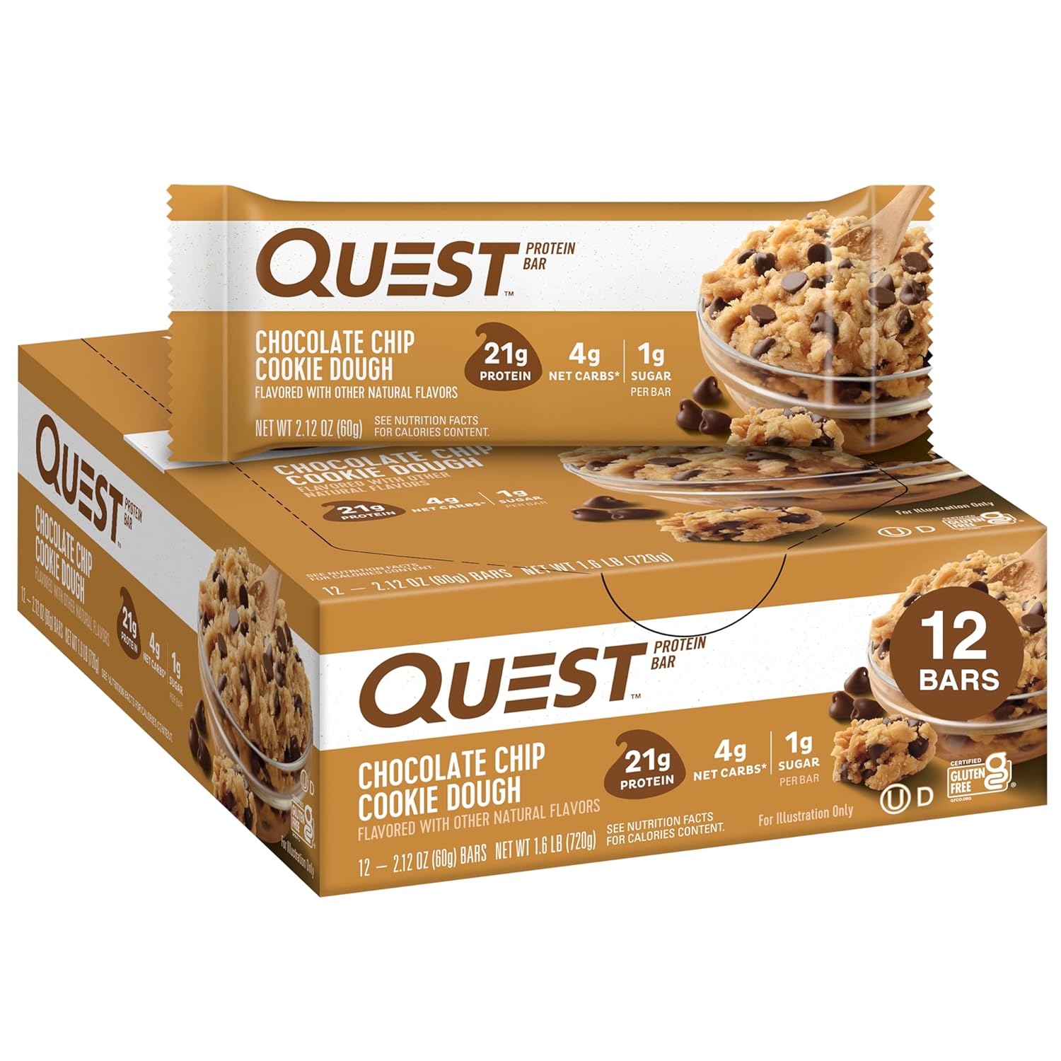 Quest Nutrition Chocolate Chip Cookie Protein Bars - 21g Protein, Low Sugar, Keto & Gluten Free - 12 Count Pack - Espot.com.au