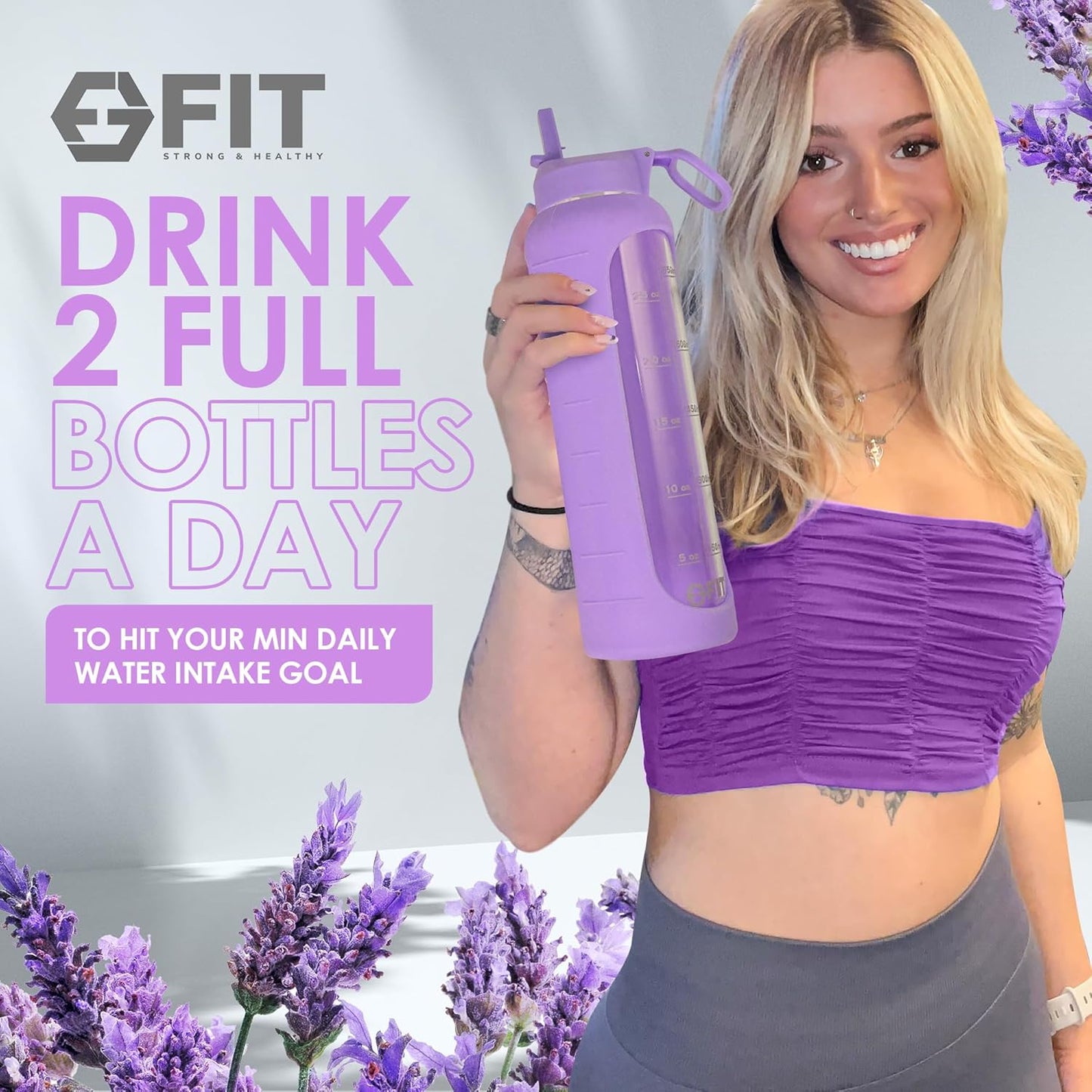 fit-strong-healthy-glass-meal-prep-containers-with-lavender-lids-4-pack-32-oz-and-water-bottle-bundle---2-3-compartment-straw-lid-time-marker-sleeve-6
