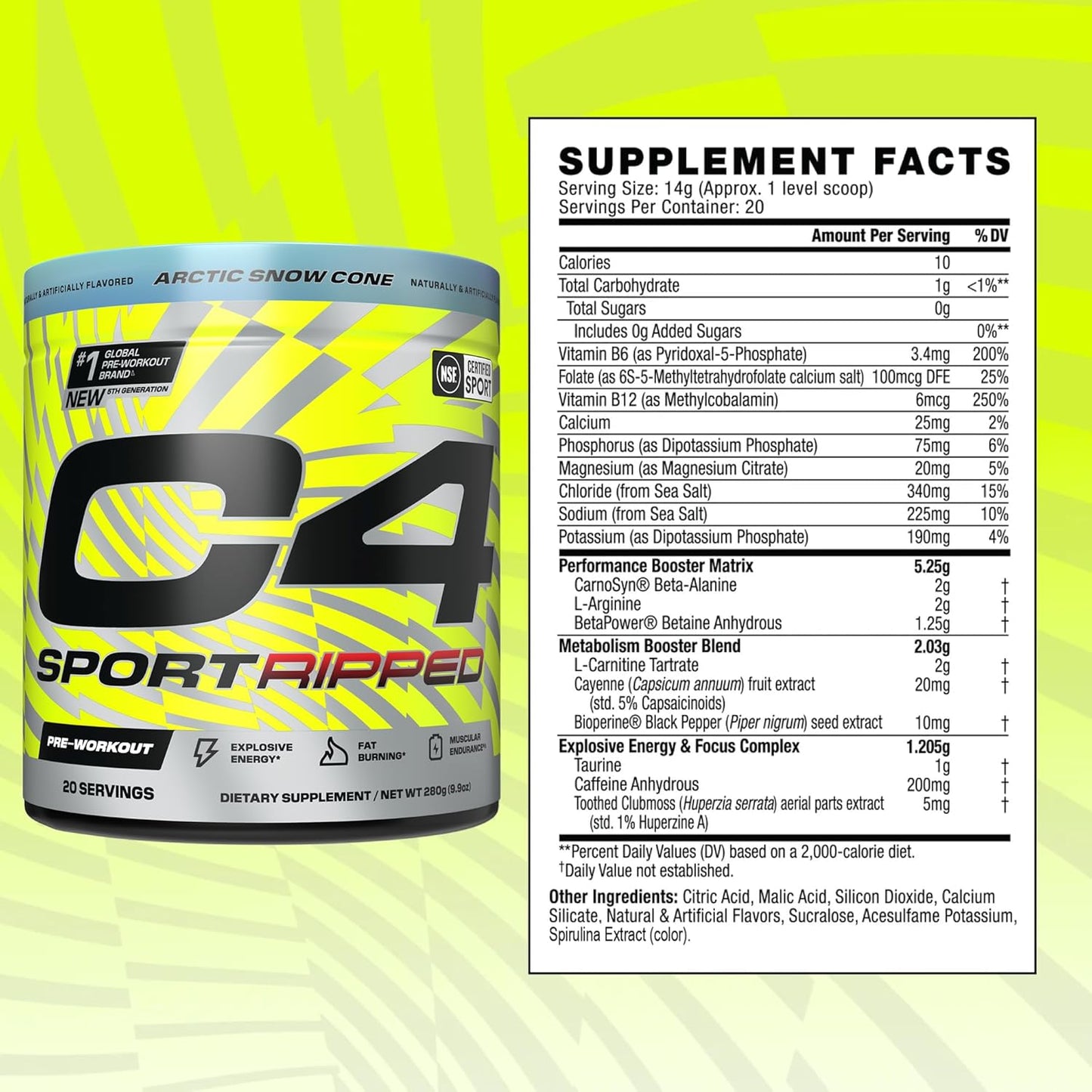 Cellucor C4 Ripped Sport Pre Workout Powder - NSF Certified for Sport - 200mg Caffeine + Cayenne Extract + Carnitine Tartrate + Beta-Alanine - Arctic Snow Cone, 20 Servings - Energy Booster with Fat-Burning Ingredients - Espot.com.au