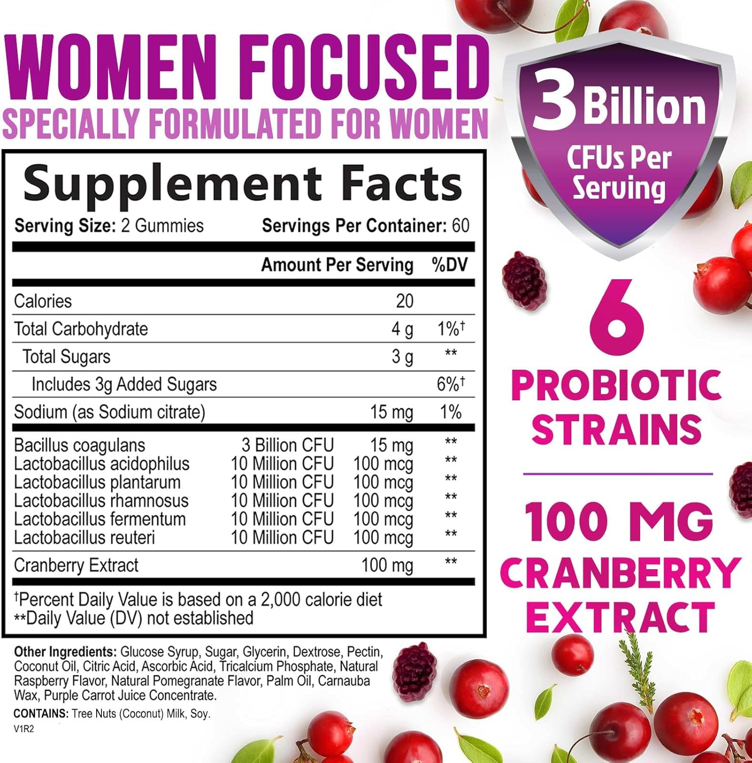 Women's Probiotic Gummies with 6 Strains, Cranberry & 3 Billion CFU - Digestive, Vaginal & Immune Support - Non-GMO - 120 Gummies - Espot.com.au