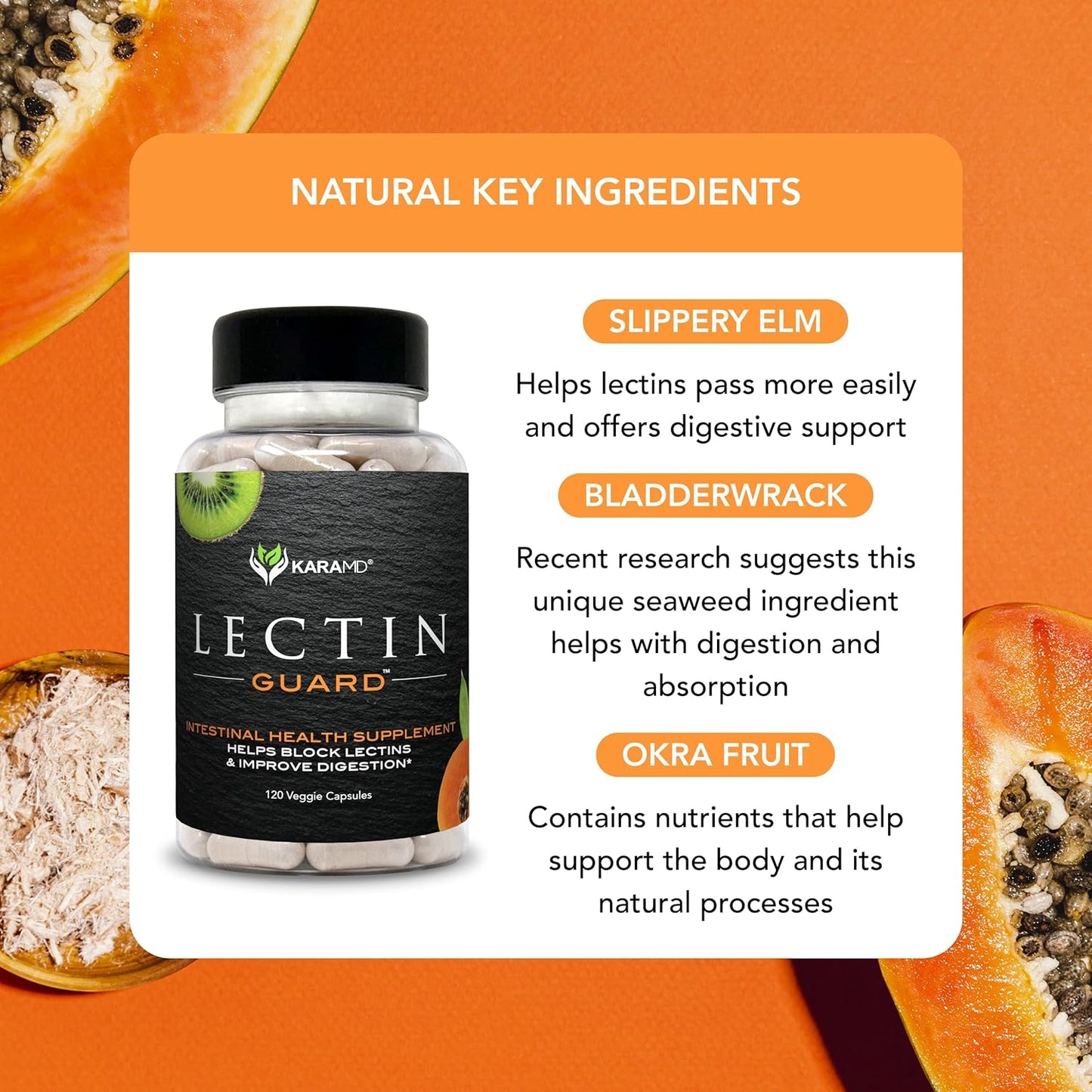 KaraMD Lectin Guard Supplement for Gut & Colon Health | Lectin Blocker with Slippery Elm, Bladderwrack, Sodium Alginate, Okra, Kiwi & Papaya | Vegan, Non-GMO, Gluten-Free | 30 Servings - Espot.com.au