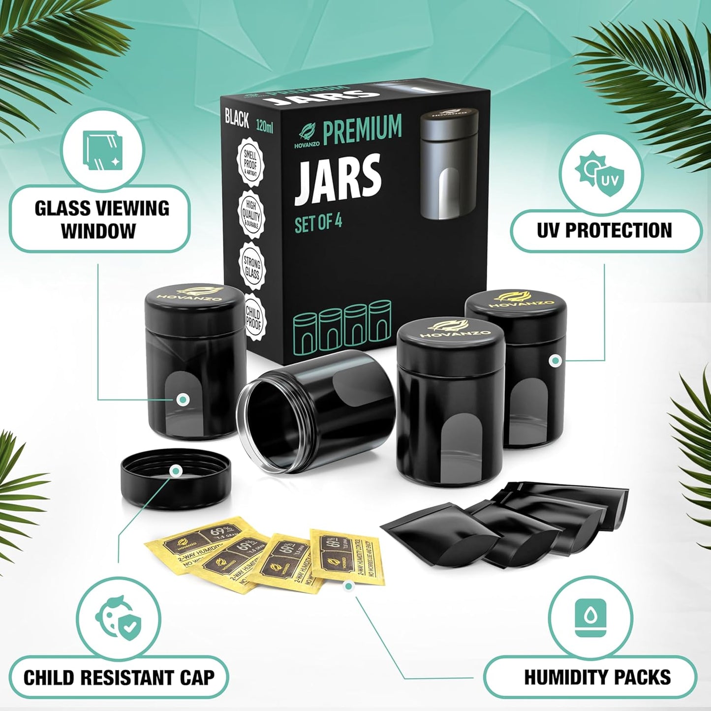 4 Pack HOVANZO Premium Airtight Glass Storage Jars 120ml with 69% Humidity Control - UV Air Tight Jars with Child-Resistant Lid for Herb/Spice Storage - Black Containers for Air Tight Storage - Espot.com.au