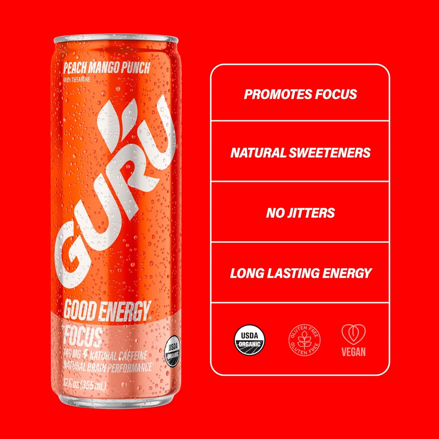 Organic Peach Mango Punch Energy Drink with Natural Caffeine and L-Theanine, Gluten Free and Vegan - 12oz (Pack of 12) - Espot.com.au
