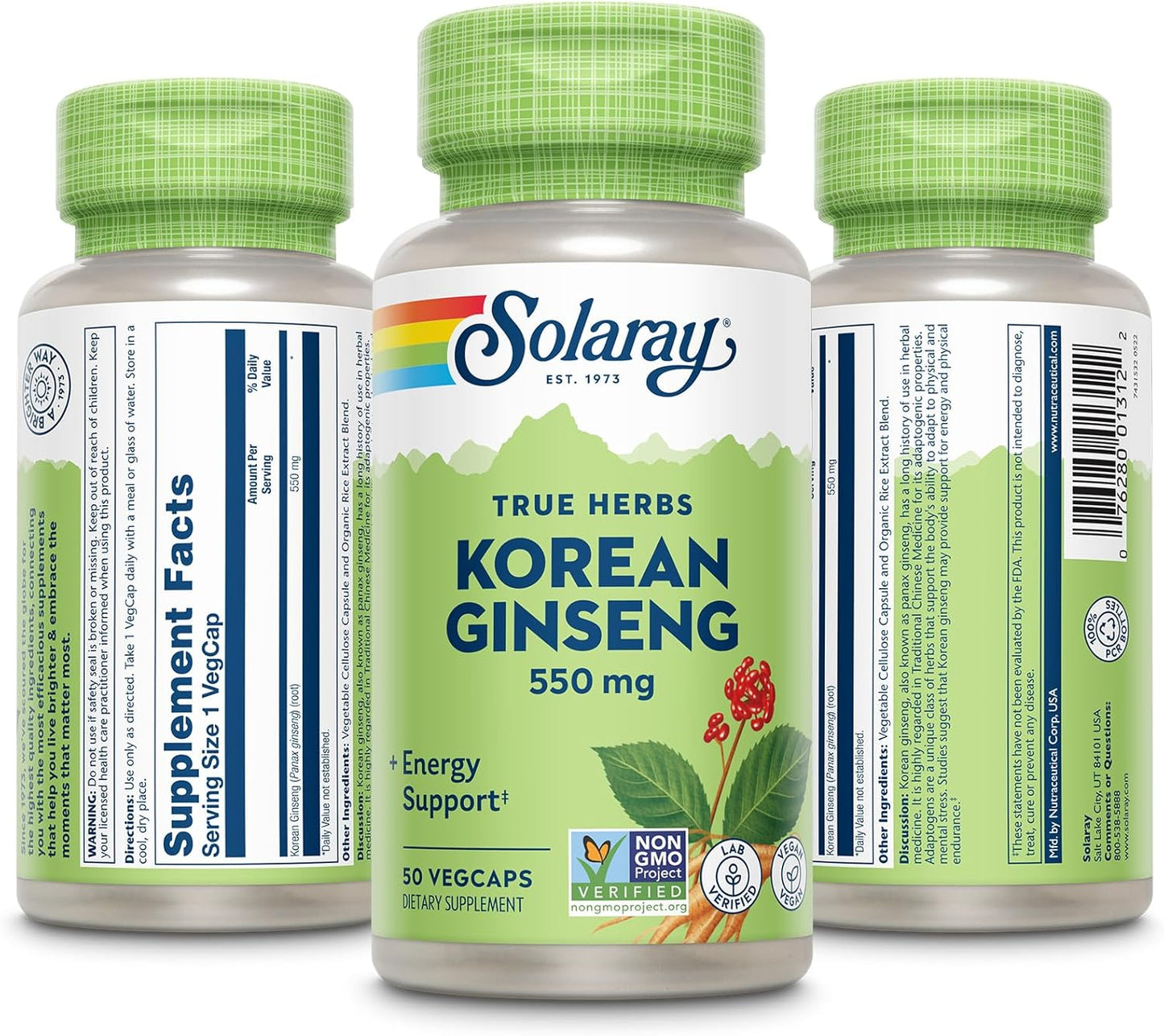Solaray Korean Ginseng Root 550mg Capsules - Natural Stress Relief, Energy Boost & Endurance Support - Non-GMO, Vegan Formula - Lab Verified - 50 Servings, 50 VegCaps - Espot.com.au