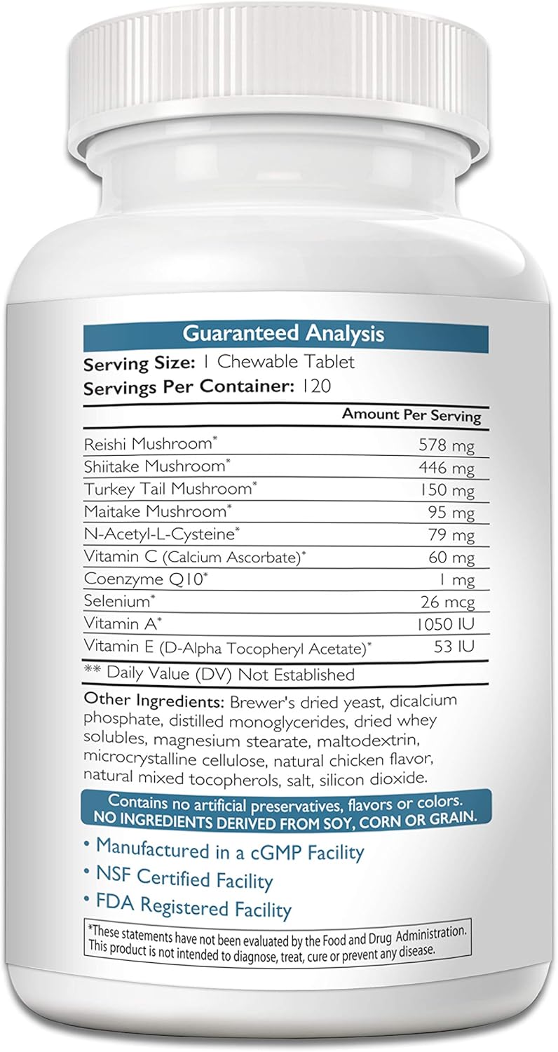 Dog Immune Support with Antioxidants, Mushrooms, CoQ10 - 120 Chewable Tablets for Nutritional Strength - Espot.com.au