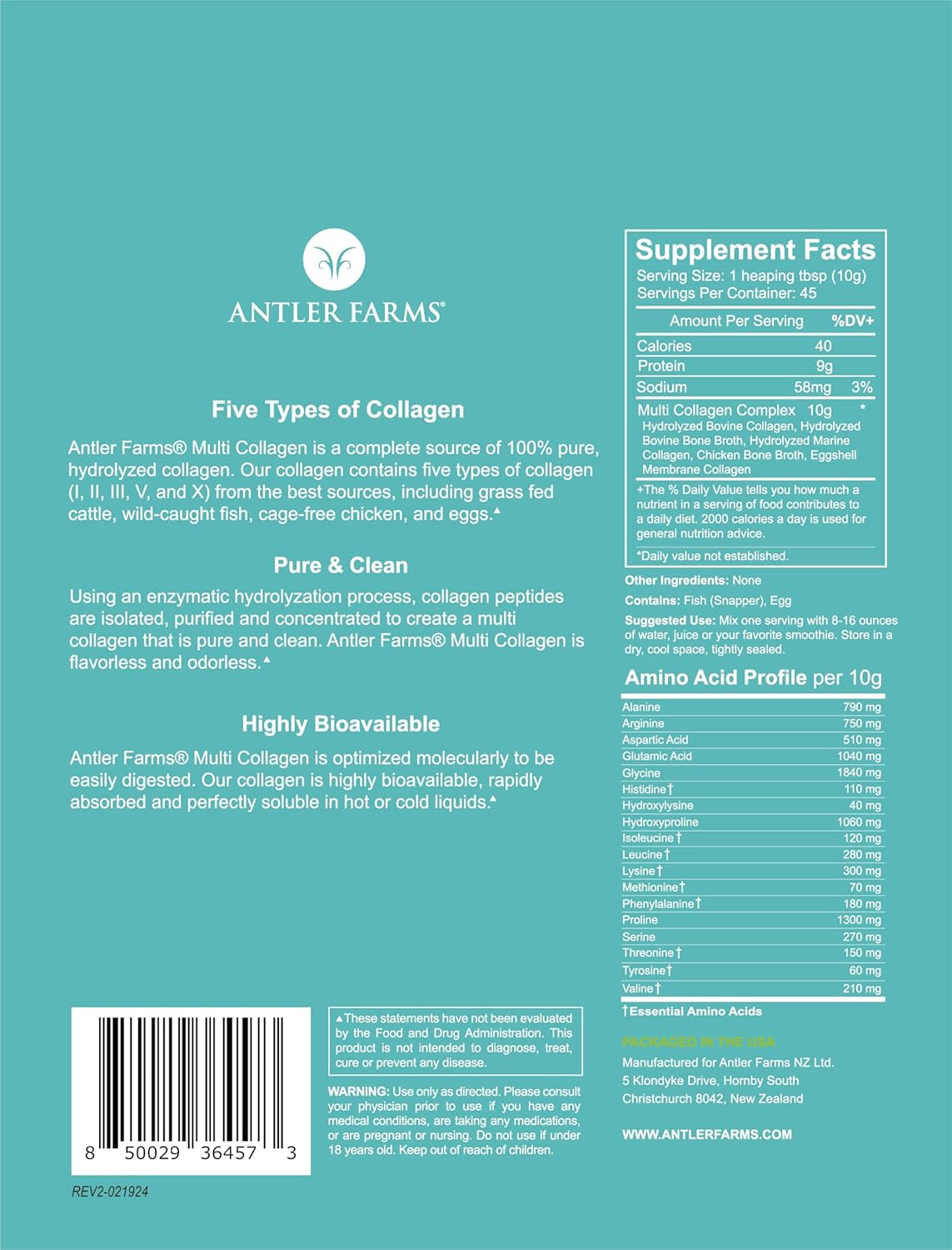 Antler Farms Multi Collagen Protein Powder - 5 Types (I, II, III, V, X) - 100% Pure Hydrolyzed Peptides - Rapid Absorption - Unflavored - 1 lb - Espot.com.au