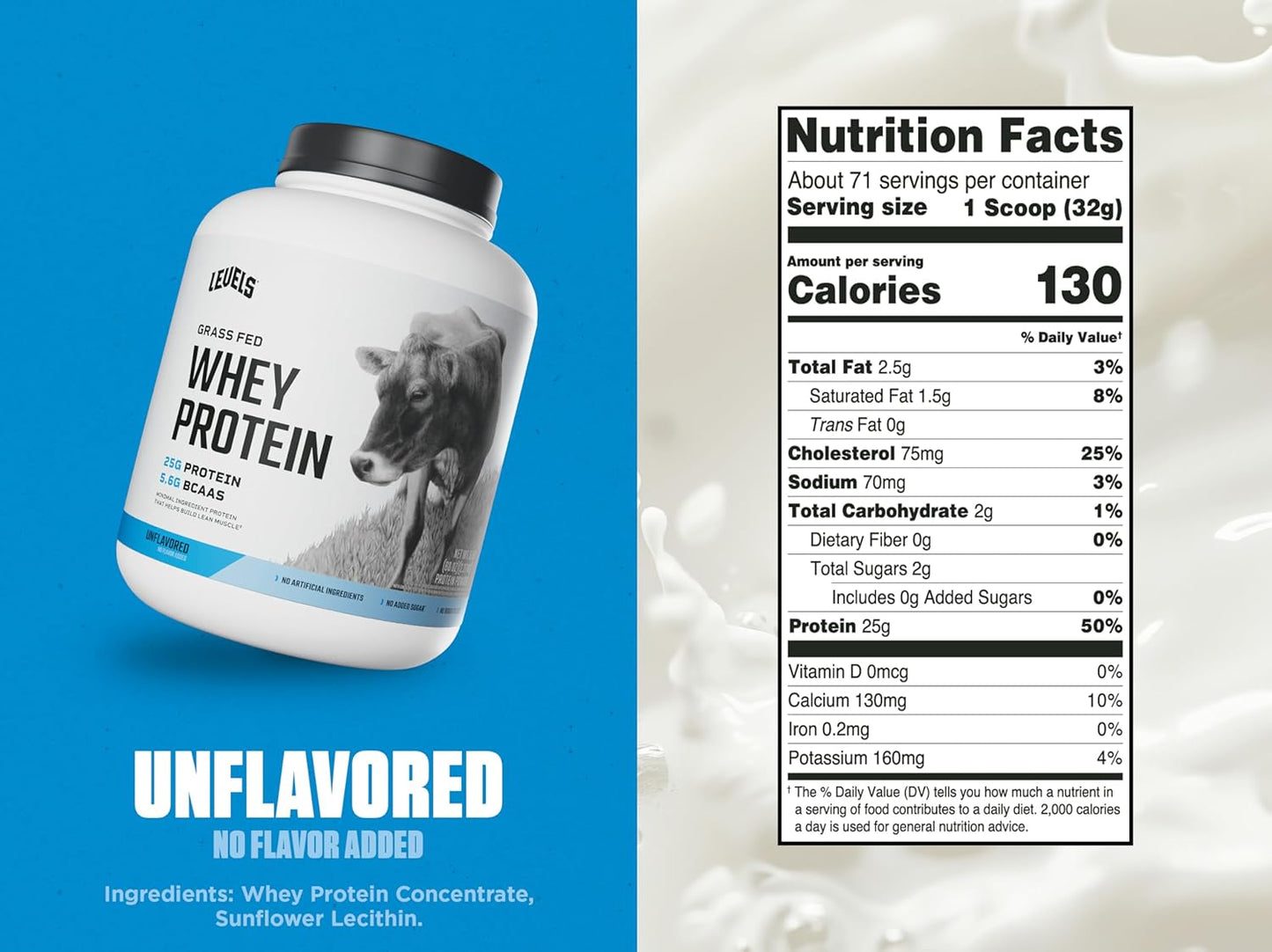 Levels Nutrition Grass Fed Whey Protein Powder - 5LB, 25G Protein, No Artificial Ingredients, Unflavored - Espot.com.au
