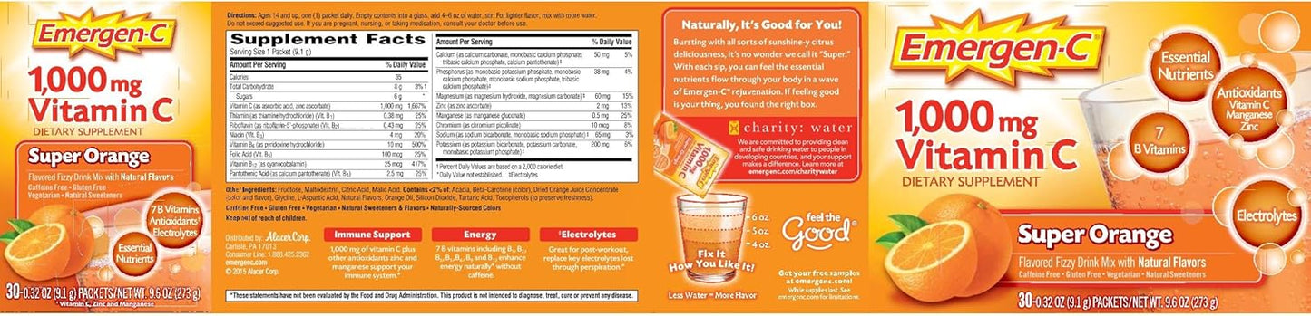 Emergen-C Vitamin C Fizzy Drink Mix Super Orange 1000mg - 30 Packets - Espot.com.au