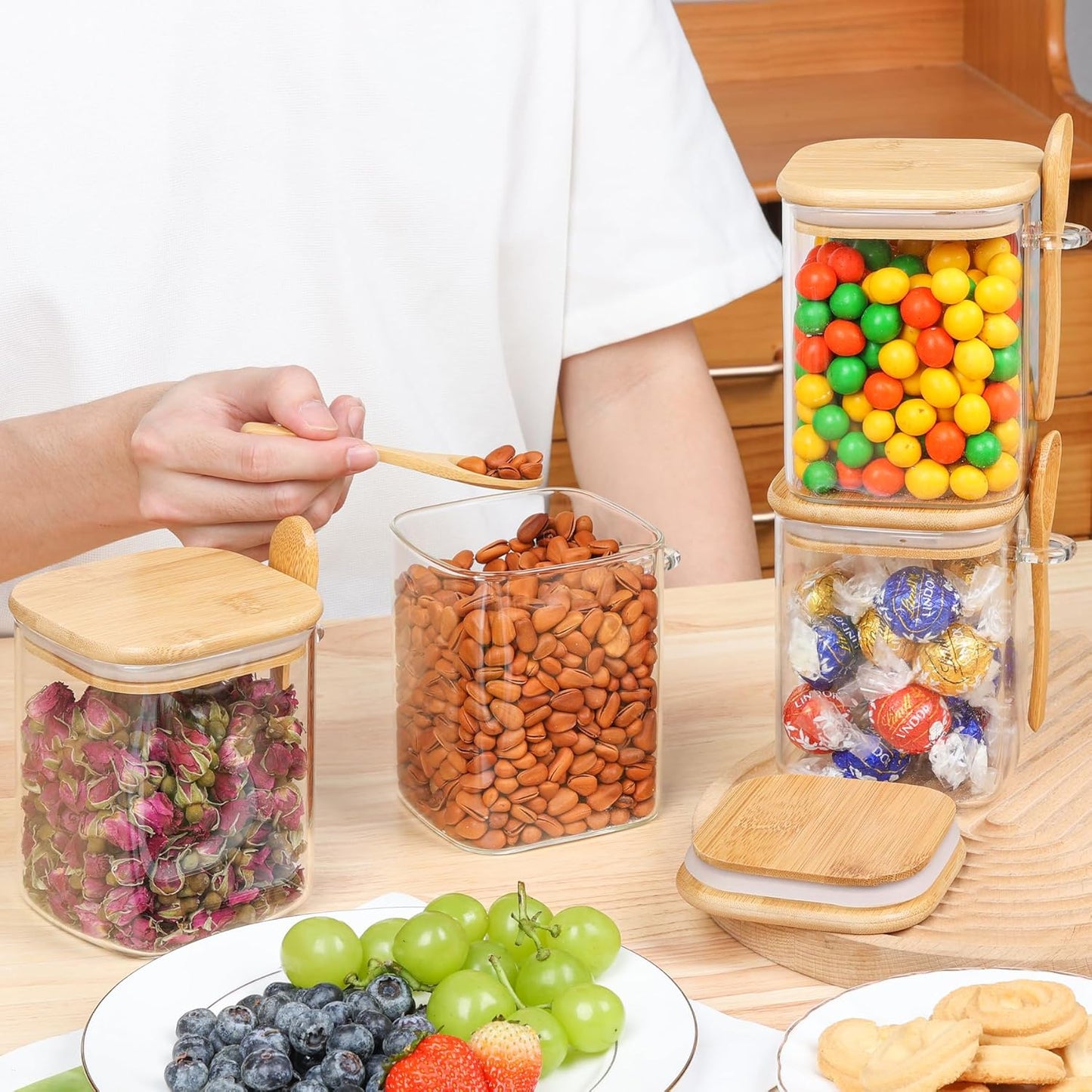 set-of-4-airtight-glass-storage-canisters-with-wood-and-bamboo-lids---square-containers-for-noodles-flour-sugar-tea-coffee---50oz-and-31oz-jars-with-spoons---kitchen-organization-solution-9
