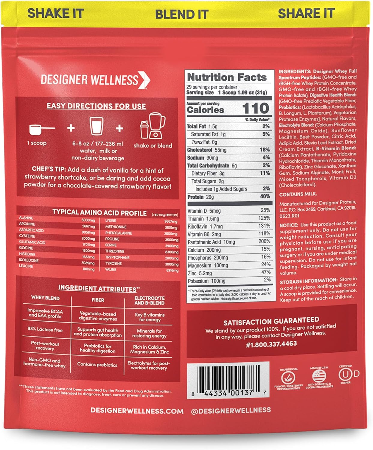 Natural Designer Whey Protein Powder with Probiotics, Fiber, and B-Vitamins - Gluten-Free Summer Strawberry Flavor - 2 lb Jar - Espot.com.au