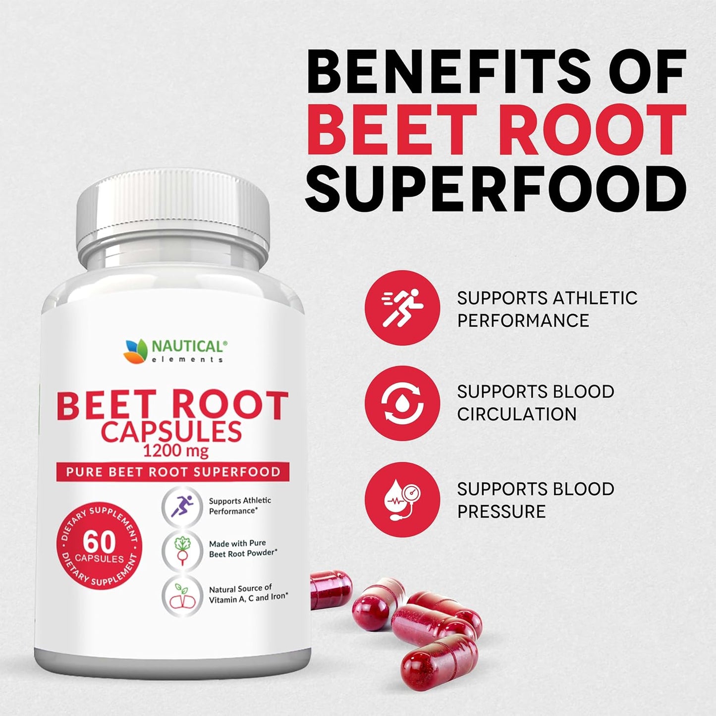 1200mg Nautical Elements Beet Root Powder Capsules - 60 Capsules for Blood Pressure, Athletic Performance, Digestive & Immune Support - Pure, Non-GMO & Gluten Free - Beetroot Supplement - Espot.com.au
