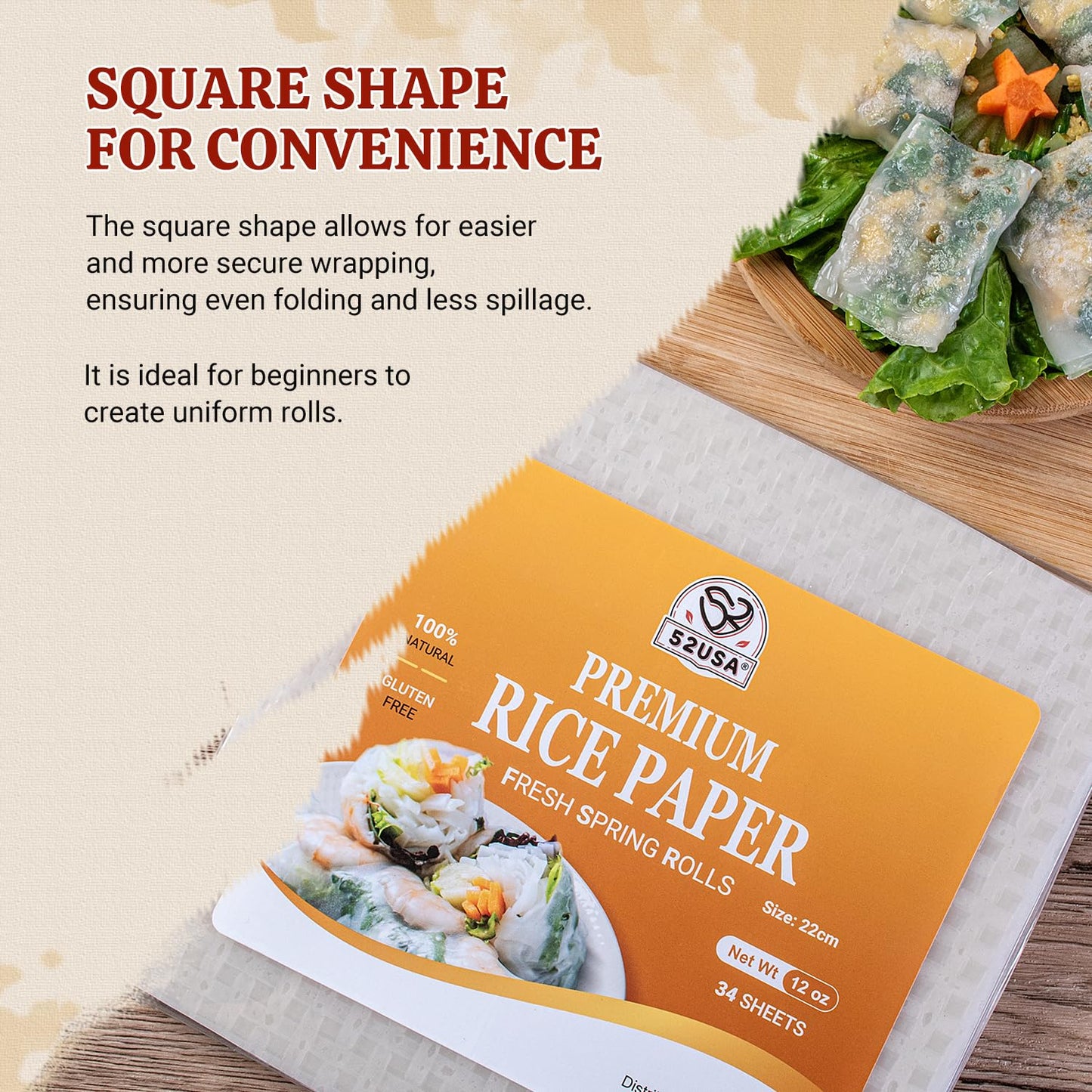 52USA Square Rice Paper Wrappers - 1 Pack of 34 Sheets, 12 oz, Gluten-Free Wonton Wrappers for Fresh Spring Rolls & Dumplings - Vegan & Low Carb Vietnamese Rice Wraps - White (22cm) - Espot.com.au