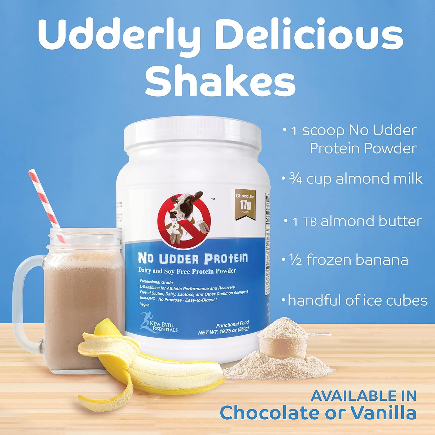 Chocolate Vegan Protein Powder | No Udder Protein | 17g Protein | Soy Free | 1lb Size - Espot.com.au