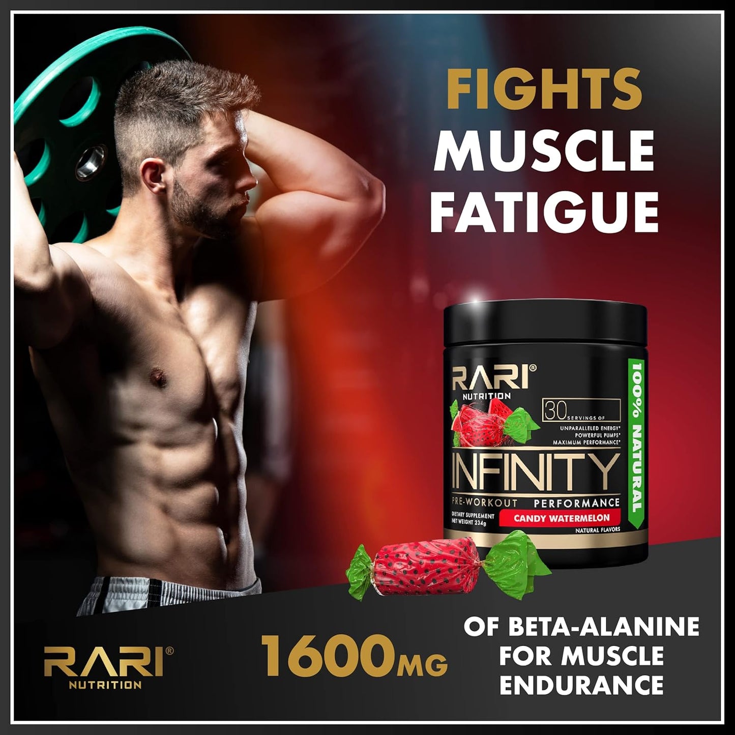 RARI Nutrition Infinity Pre Workout Performance Powder - 30 Servings, High-Performance Energy Drink for Women and Men - Candy Watermelon Flavor - Espot.com.au