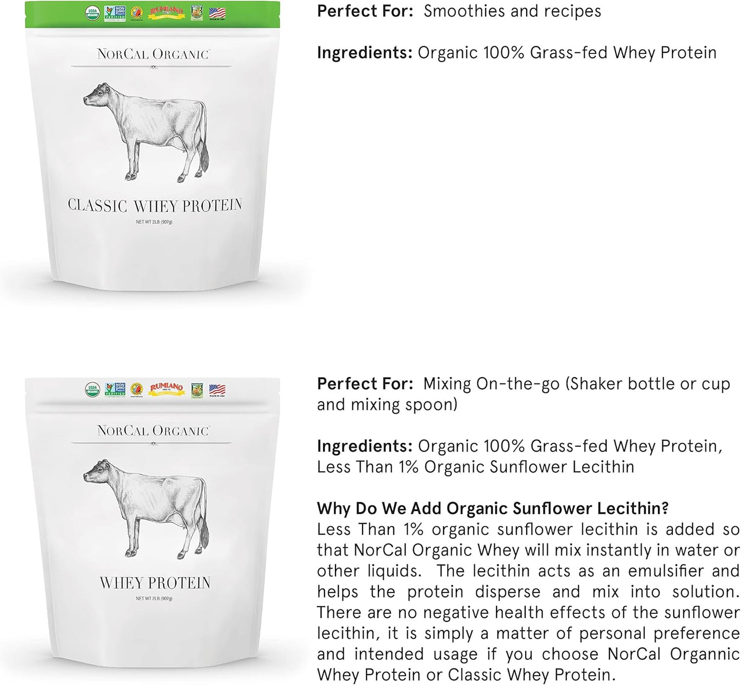 NorCal Organic Grass-Fed Classic Whey Protein Powder - Unflavored - Lecithin-Free - 2lb Bulk Size - Espot.com.au