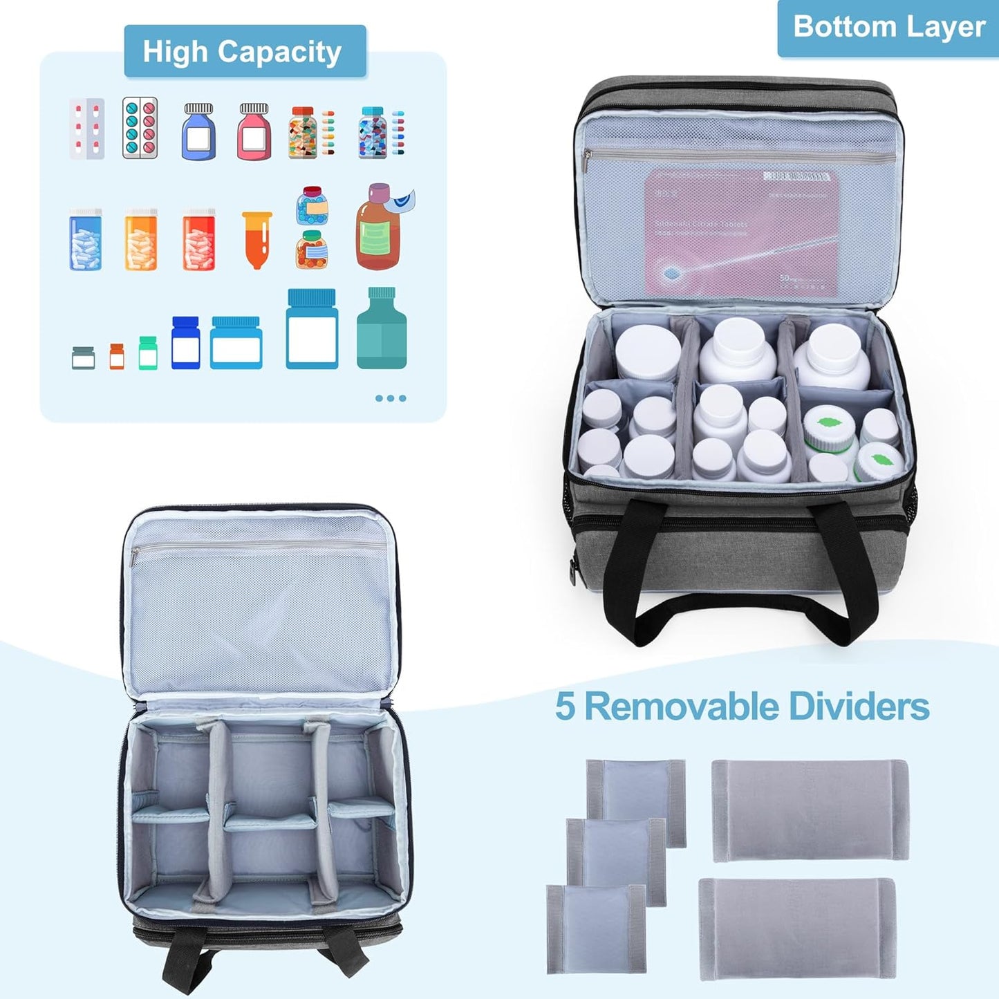 double-layer-pill-bottle-organizer-bag-with-lockable-zippers---medication-storage-case-for-prescription-bottles-and-medical-supplies---gray-patent-design-3