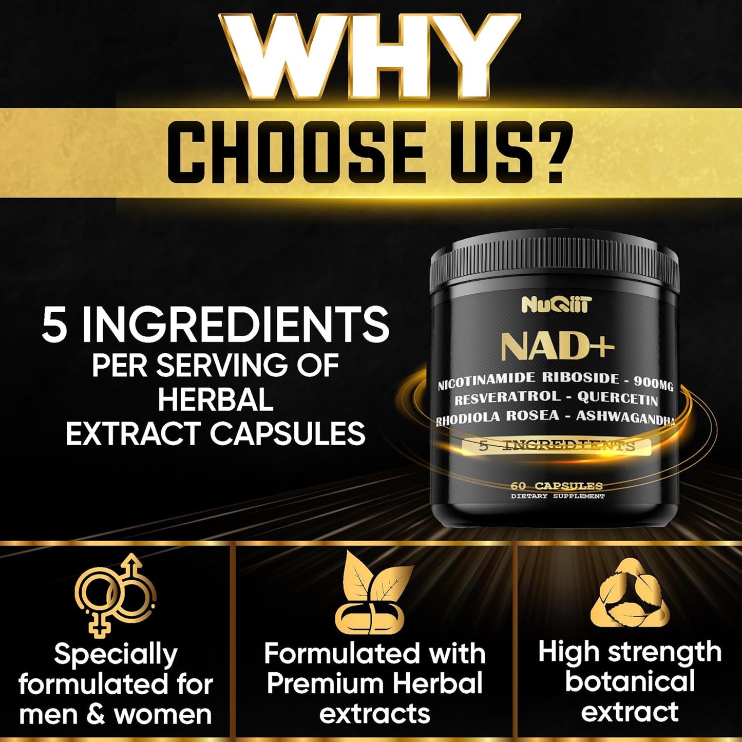 NUQIIT NAD+ Supplement 900mg with Resveratrol, Quercetin, Turmeric, Rhodiola Rosea - Cellular Energy & Repair for Vitality and Healthy Aging - 60 Count - Espot.com.au