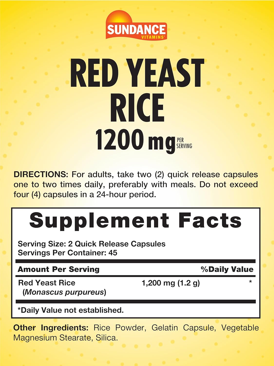 Sundance Red Yeast Rice Capsules - 1200mg 90 Count - Non-GMO & Gluten Free Herbal Supplement - Espot.com.au