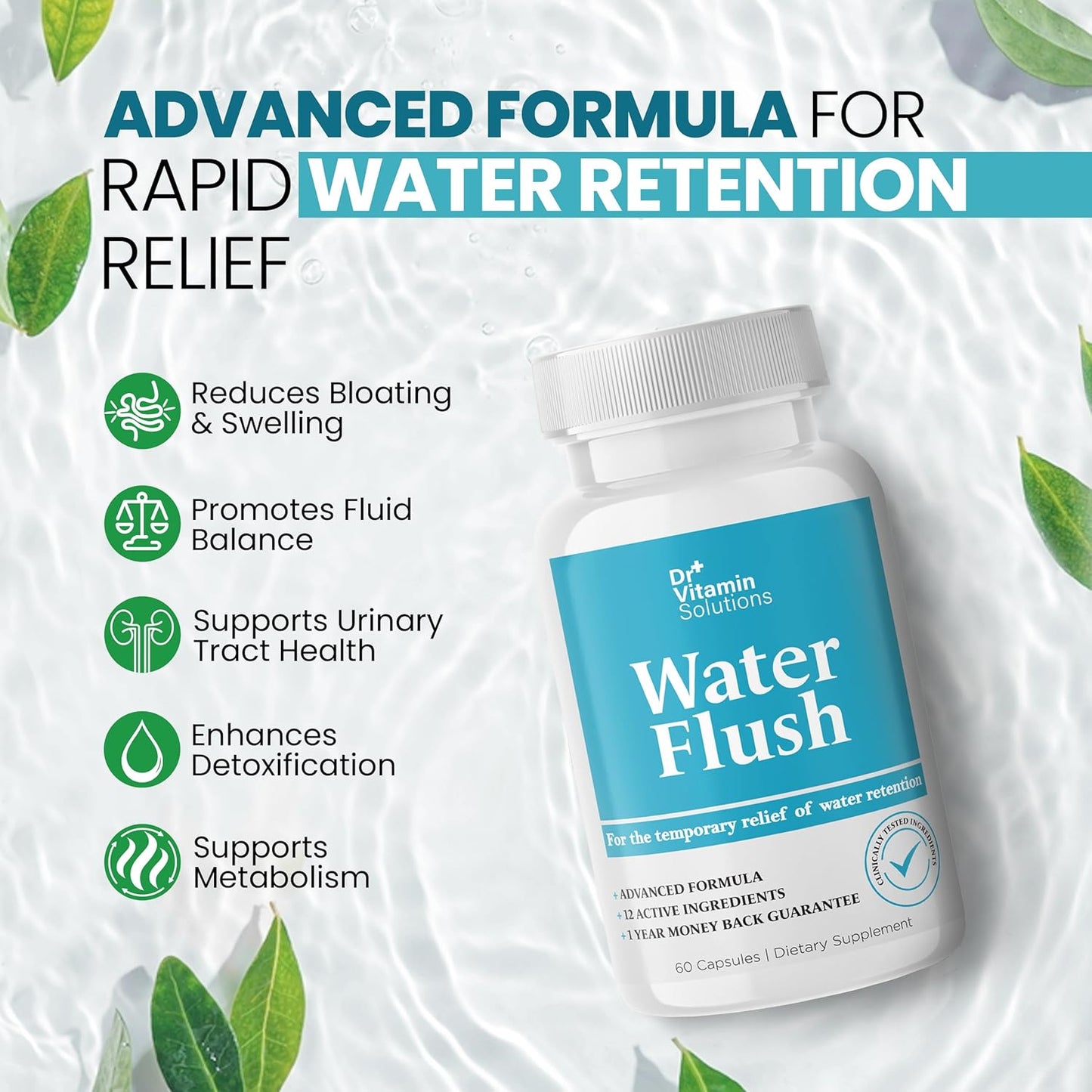 Premium Diuretic Water Pills for Weight Management - 12 Active Ingredients for Bloat Relief, Water Retention Support - 60 Capsules - Espot.com.au