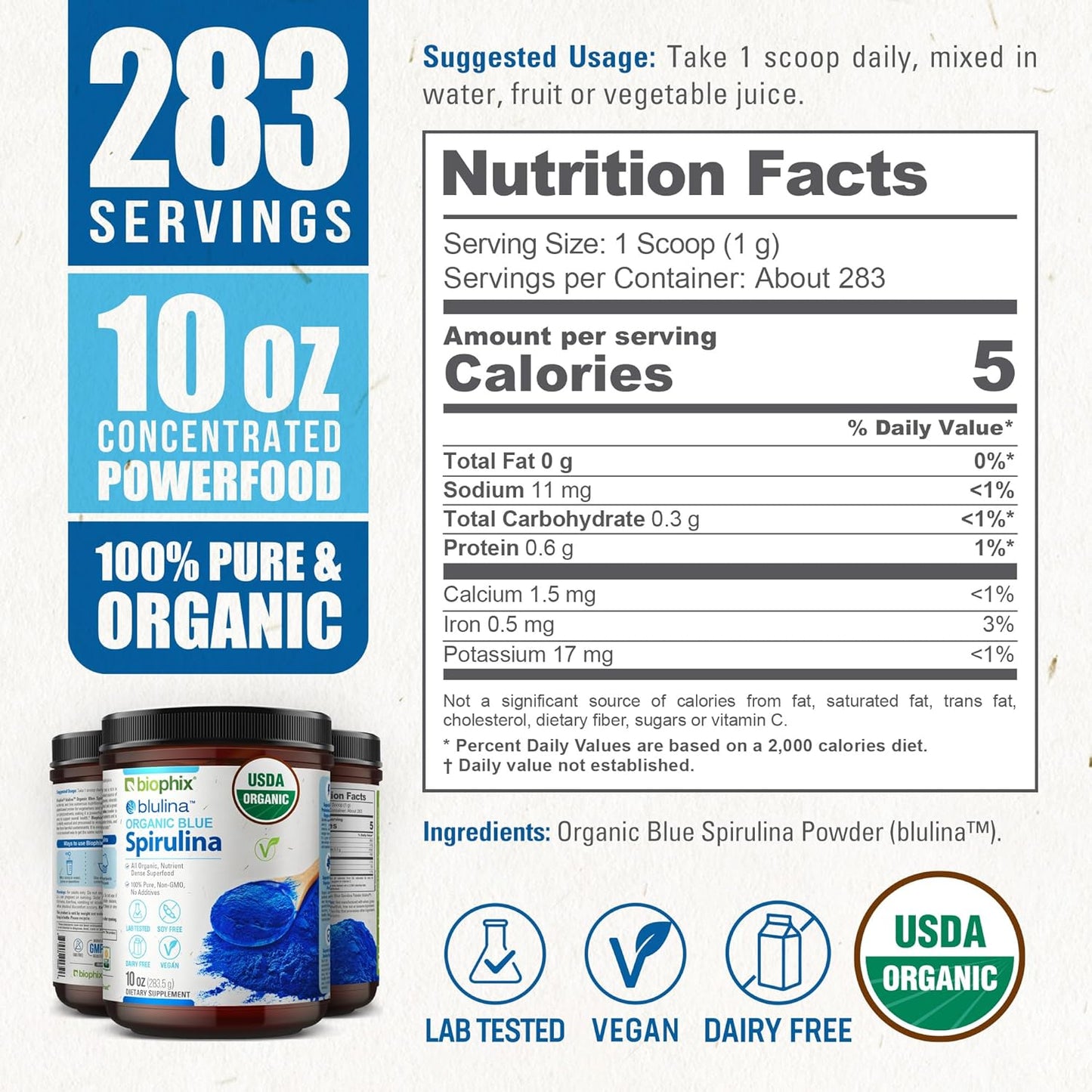 Organic Blue Spirulina Powder - 10 oz - 283 Servings of Superfood Supplement - Natural Blue Pigment - Pure Organic Blue Algae Powder - Espot.com.au
