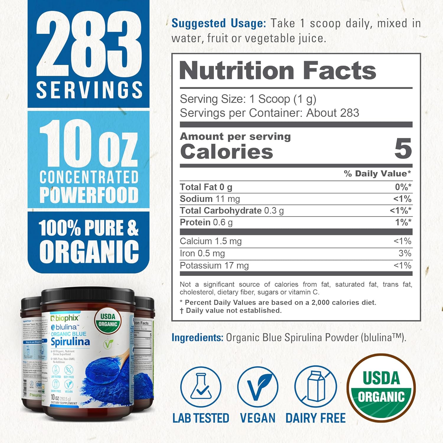 Organic Blue Spirulina Powder - 10 oz - 283 Servings of Superfood Supplement - Natural Blue Pigment - Pure Organic Blue Algae Powder - Espot.com.au